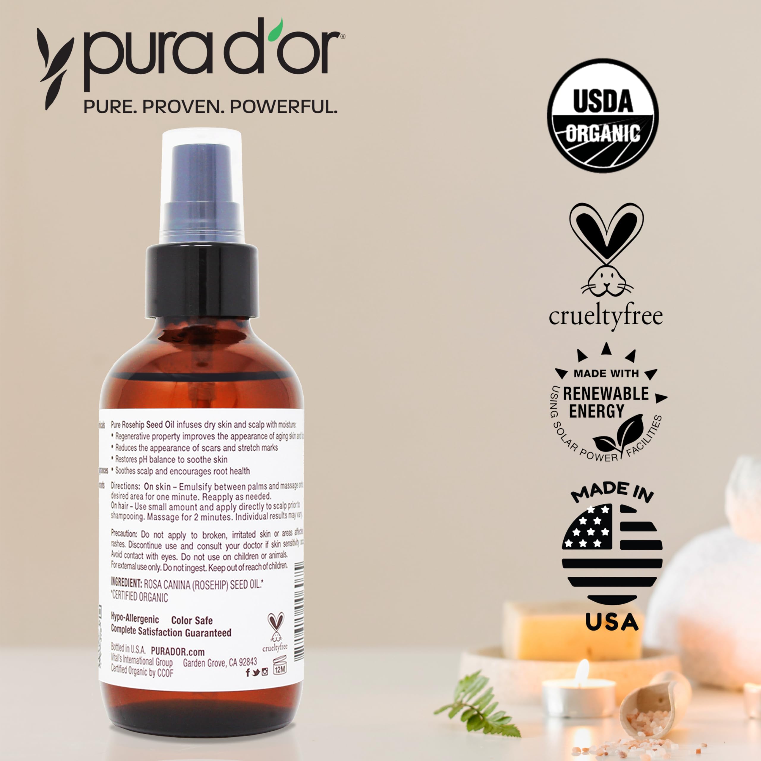 Pura D'Or 4 Oz Organic Rosehip Seed Oil 100% Pure Cold Pressed Usda Certified All Natural Moisturizer For Anti-Aging, Acne Scar