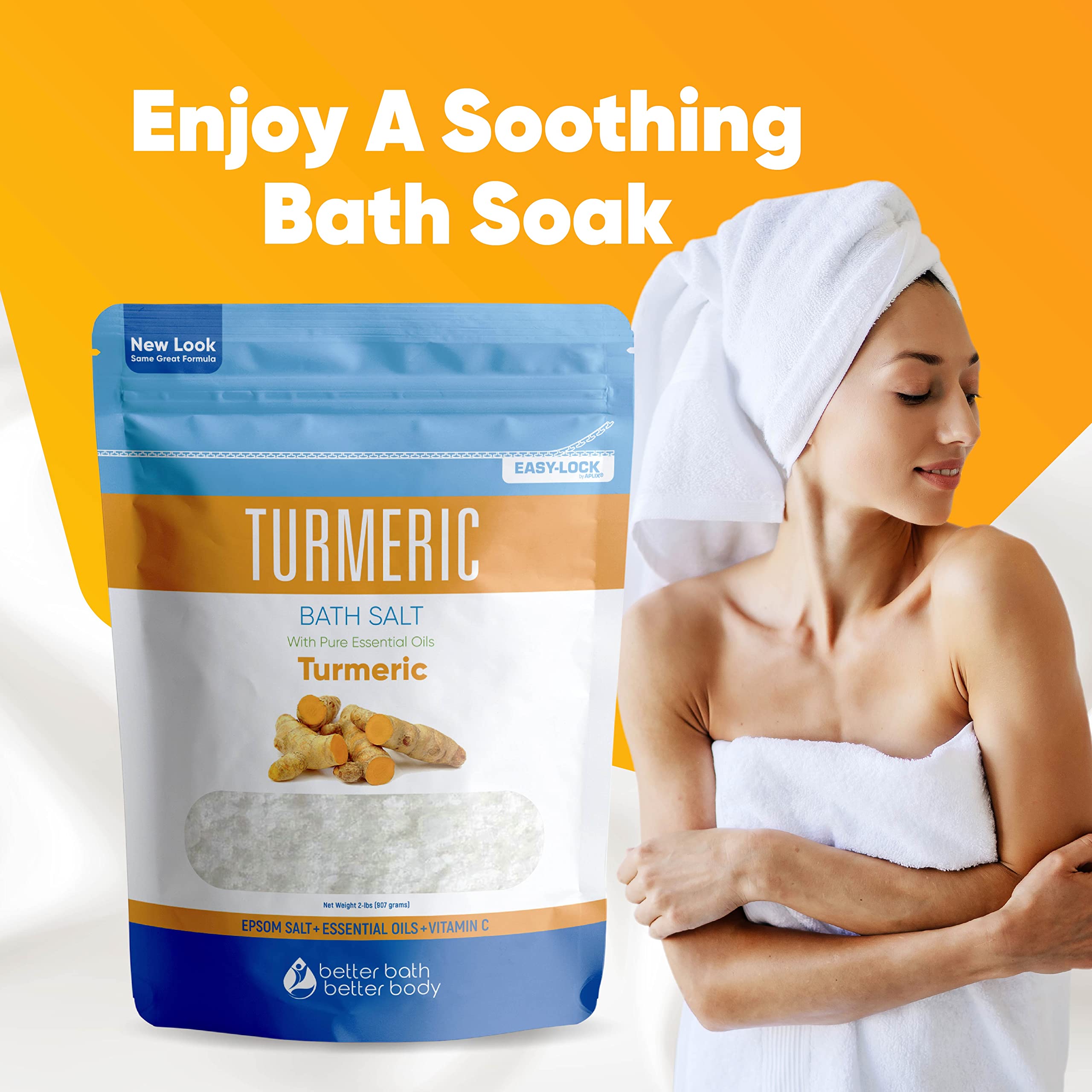 Turmeric Bath Salt 32 Oz Epsom Salt With Essential Oils Turmeric, Cinnamon, Orange Plus Vitamin C In Bpa-Free Pouch With Easy Pr