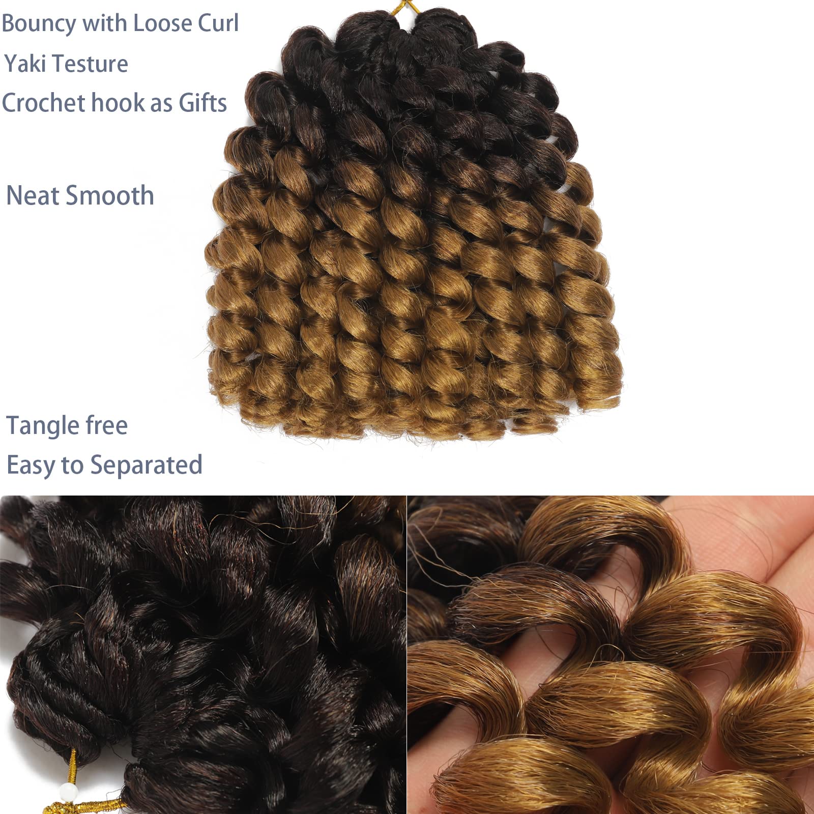 100 Strands Short Jamaican Bounce Crochet Hair Brown Ombre 5 Packs 2X Ringlet Wand Curl Crochet Hair 8 Inch Curly Crochet Hair E