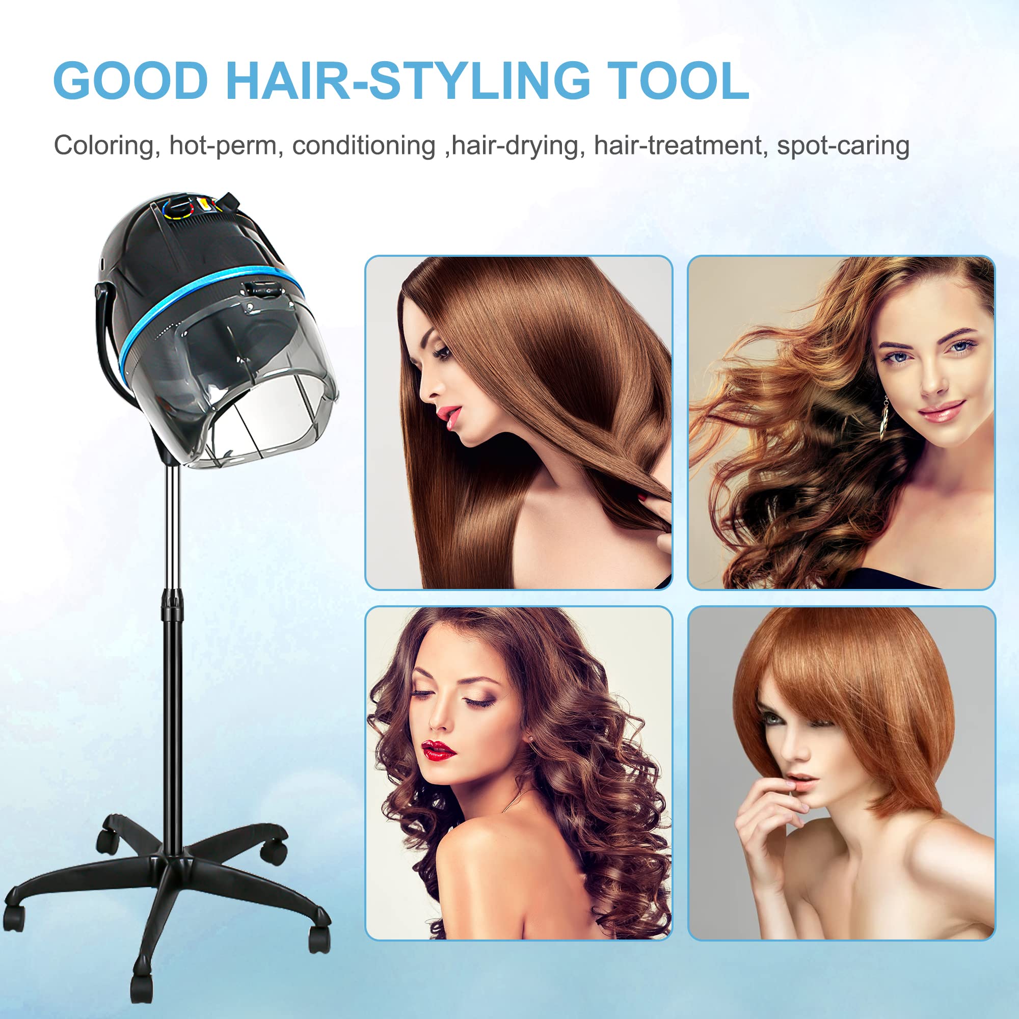 Nova Microdermabrasion Professional Hooded Floor Hair Dryer Adjustable Bonnet Hair Dryer Stand Up with Timer and Rolling Wheels