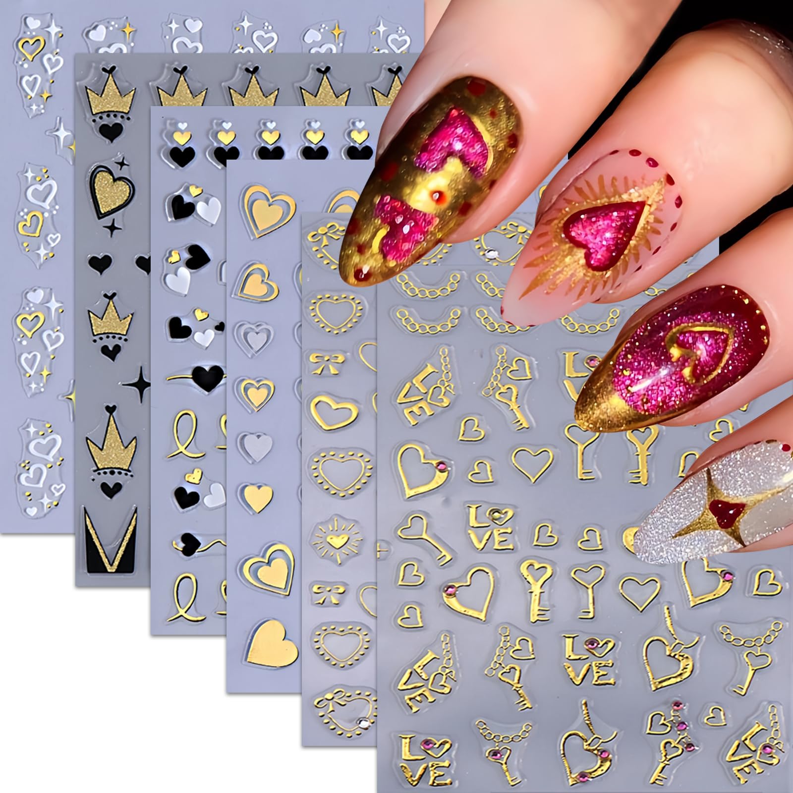 6Pcs Heart Bows Nail Art Stickers Valentine's Day 3D Self Adhesive Nail Decals Gold Heart Rhinestone Letter Nail Sticker Golden 