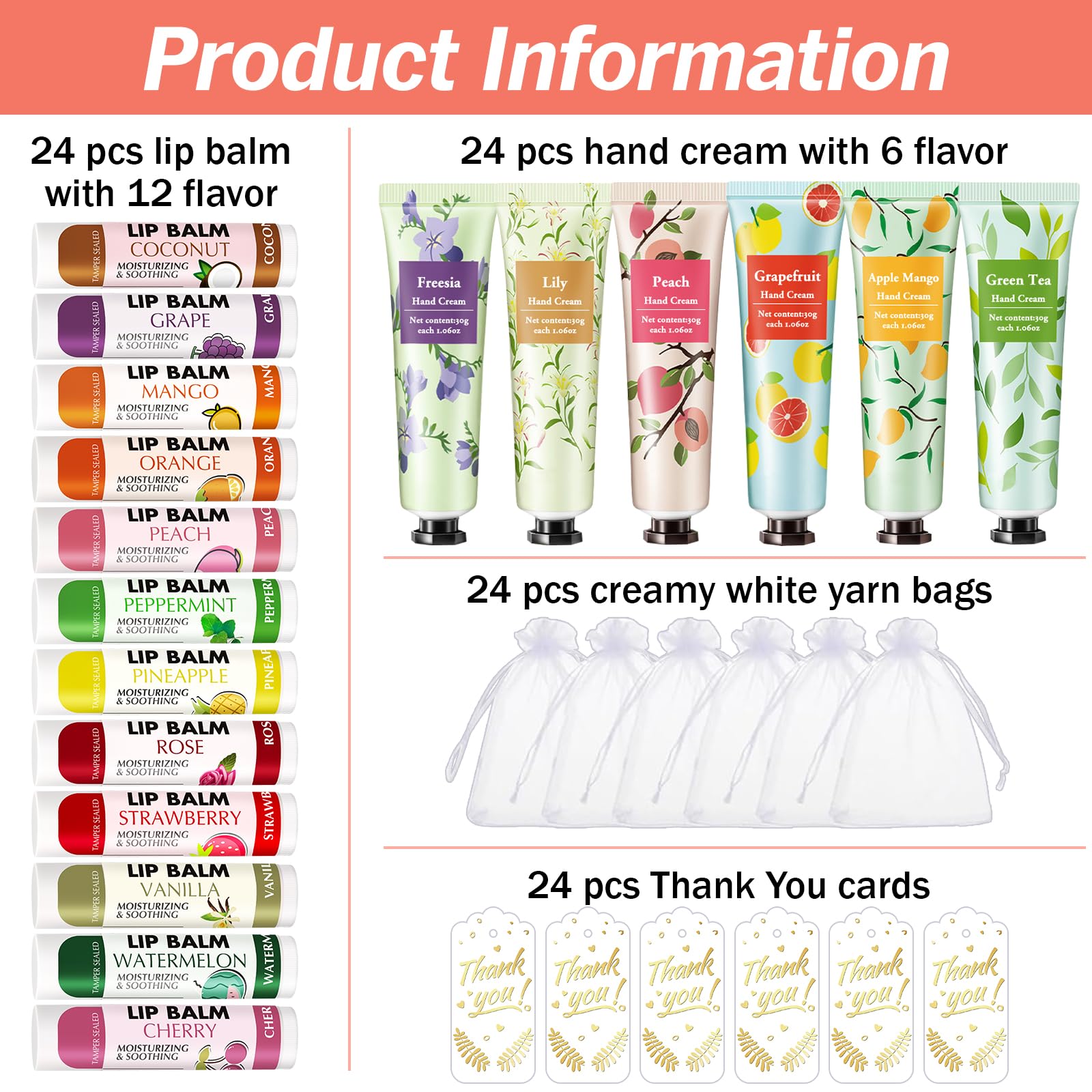 AZEN 24 Sets Bulk Gifts, Hand Cream and Lip Balm Bulk Set with Organza Bag Thank You Card, Baby Shower Wedding Gifts for Guests,