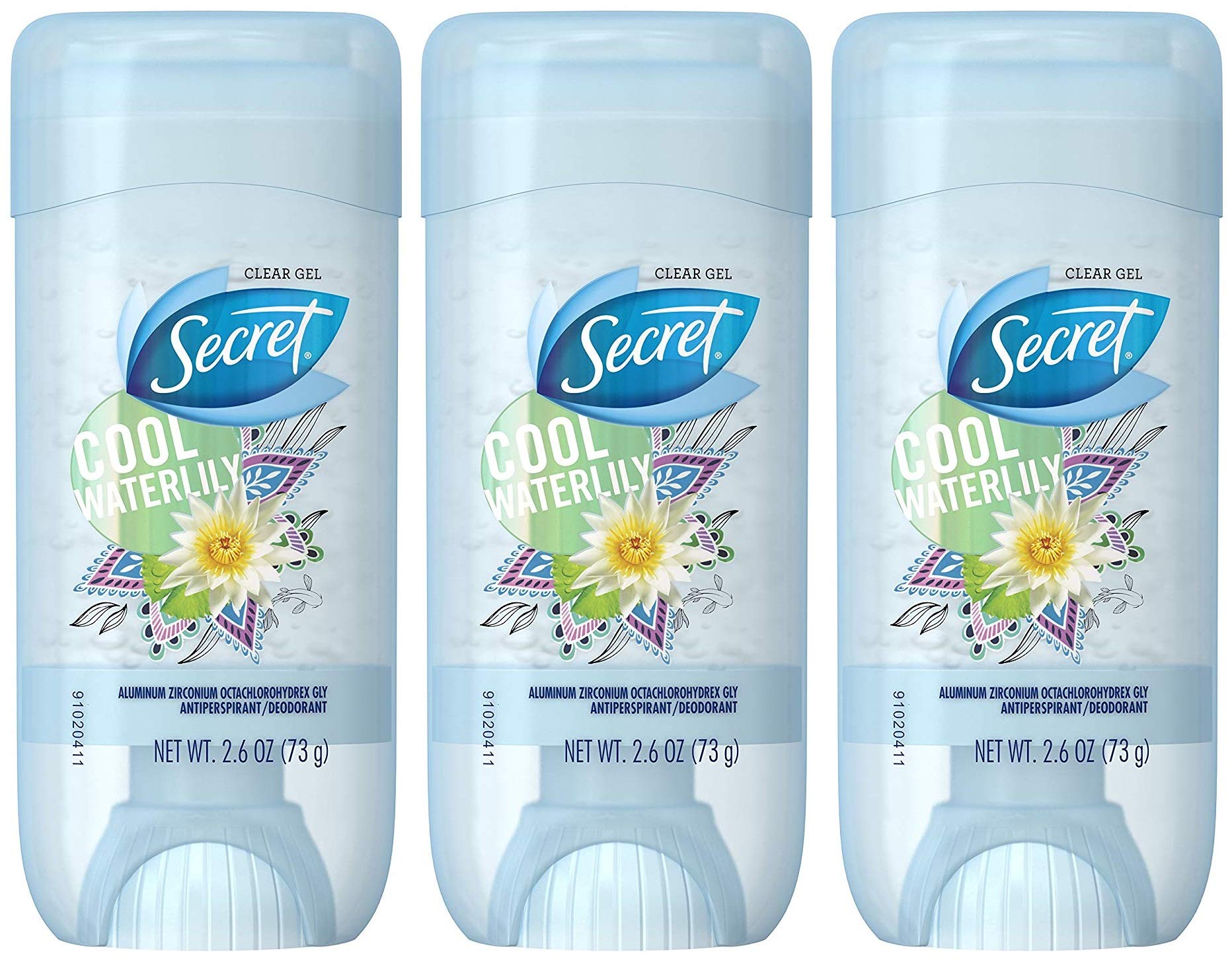 Secret Antiperspirant/Deodorant - Cool Waterlily - Clear Gel - Net Wt. 2.6 Oz (73 G) Per Stick - Pack Of 3 Sticks