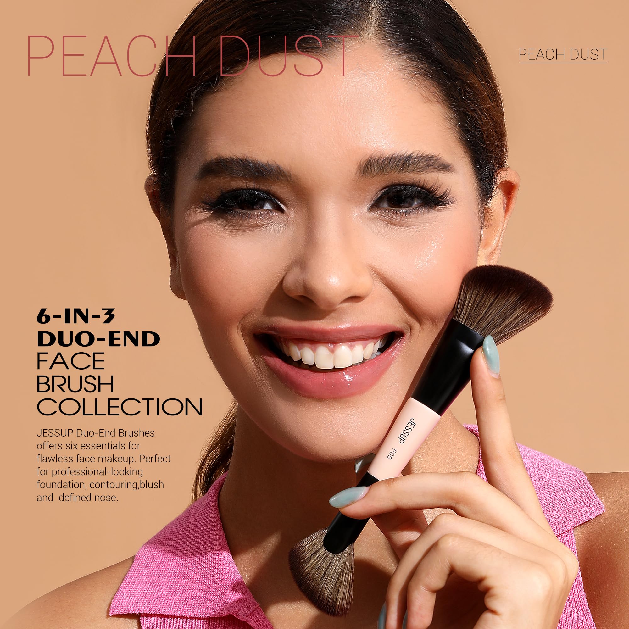 Jessup Face Makeup Brushes 3Pcs Double Ended Makeup Brush Set For Foundation Contour Blush Highlight And Powder, Premium Synthet