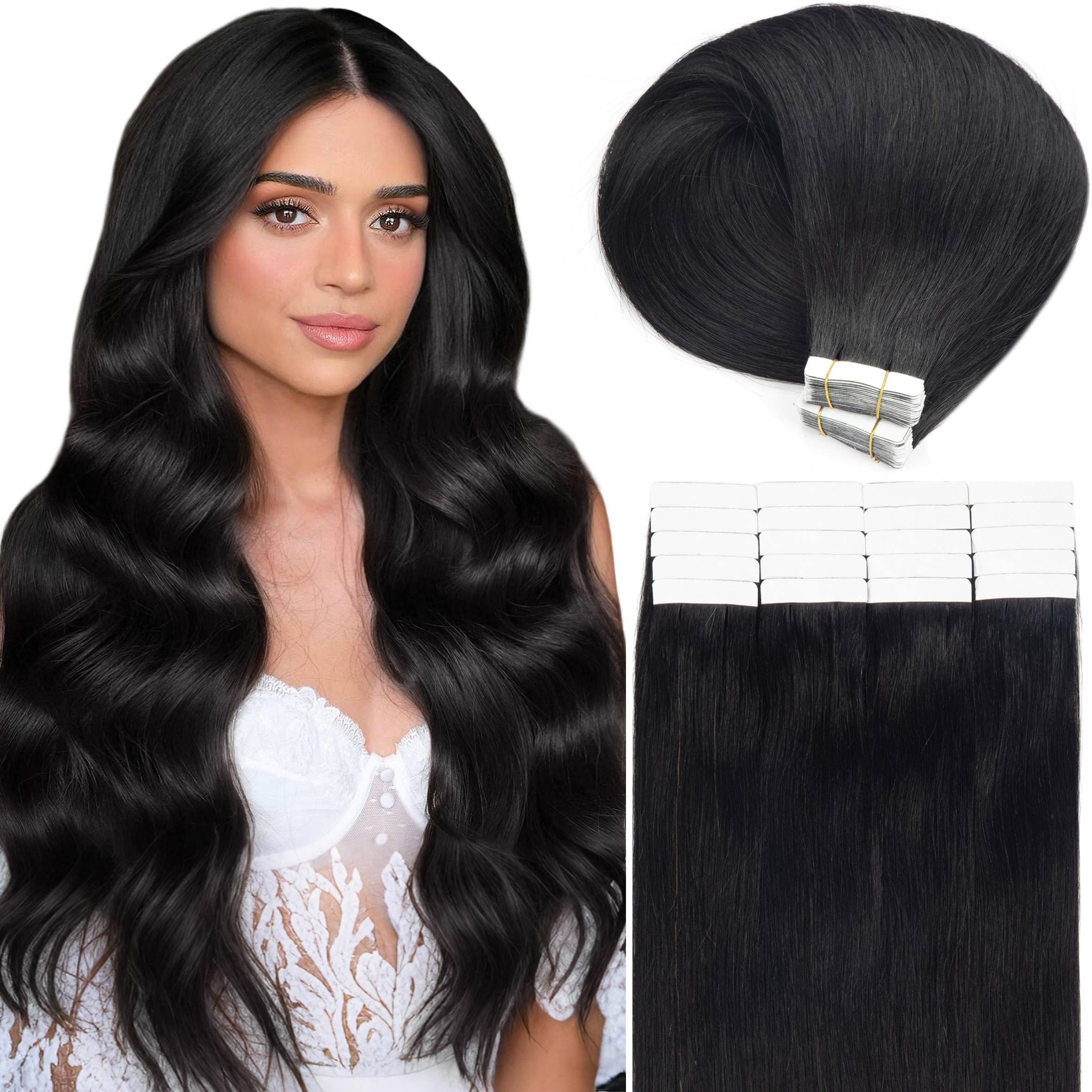 Caliee Tape in Hair Extensions Human Hair 20Inch Jet Black Tape in Extensions Real Human Hair Straight Long Invisible Tape in Ex