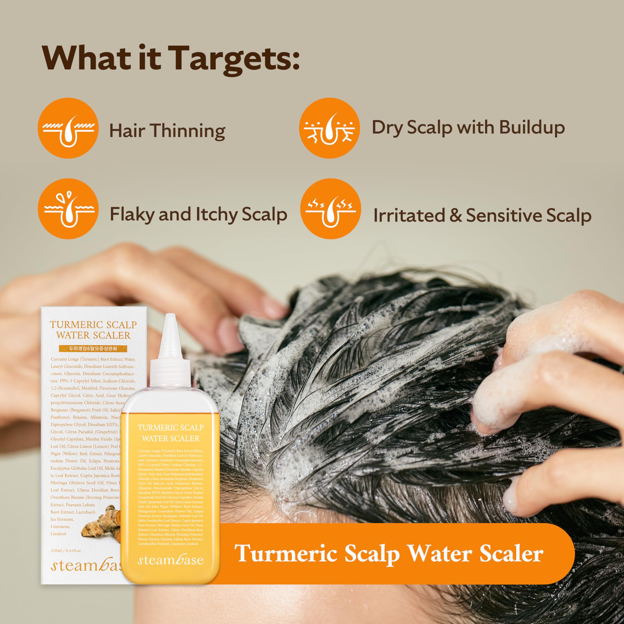 STEAMBASE Turmeric Scalp Water Scaler | Scalp Exfoliator for Itchy Dry Scalp, Thinning Hair, Buildup Remover, Treatment for Exce