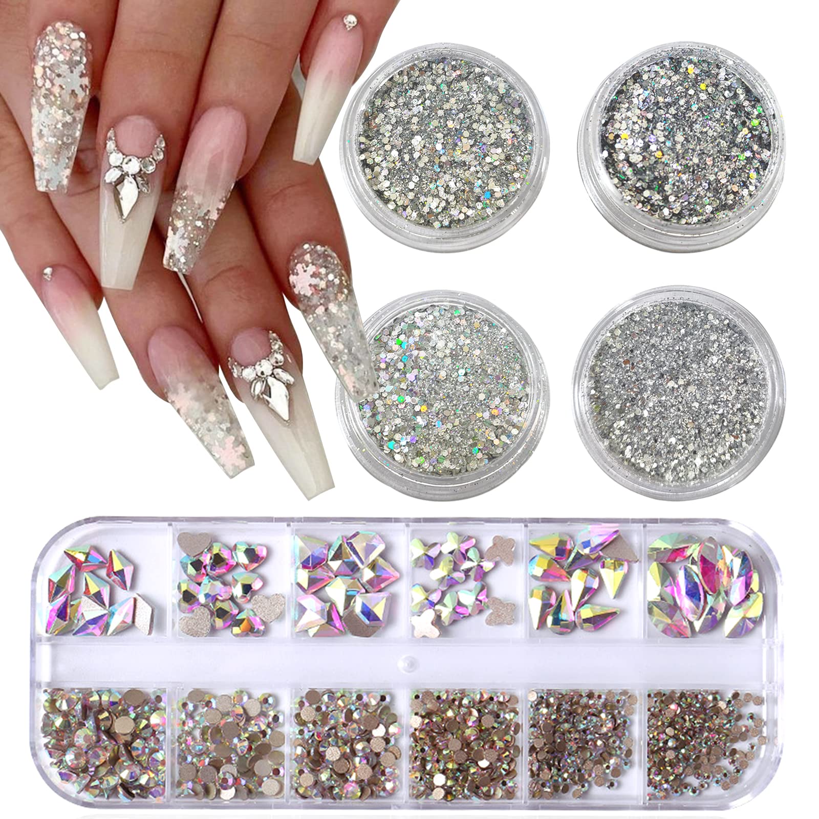 VOTACOS Nail Art Rhinestones Flatback Rhinestones Nail Charms Fine Glitter Nail Art Supplies Mixed AB Crystals Nail Gems 1mm Gli