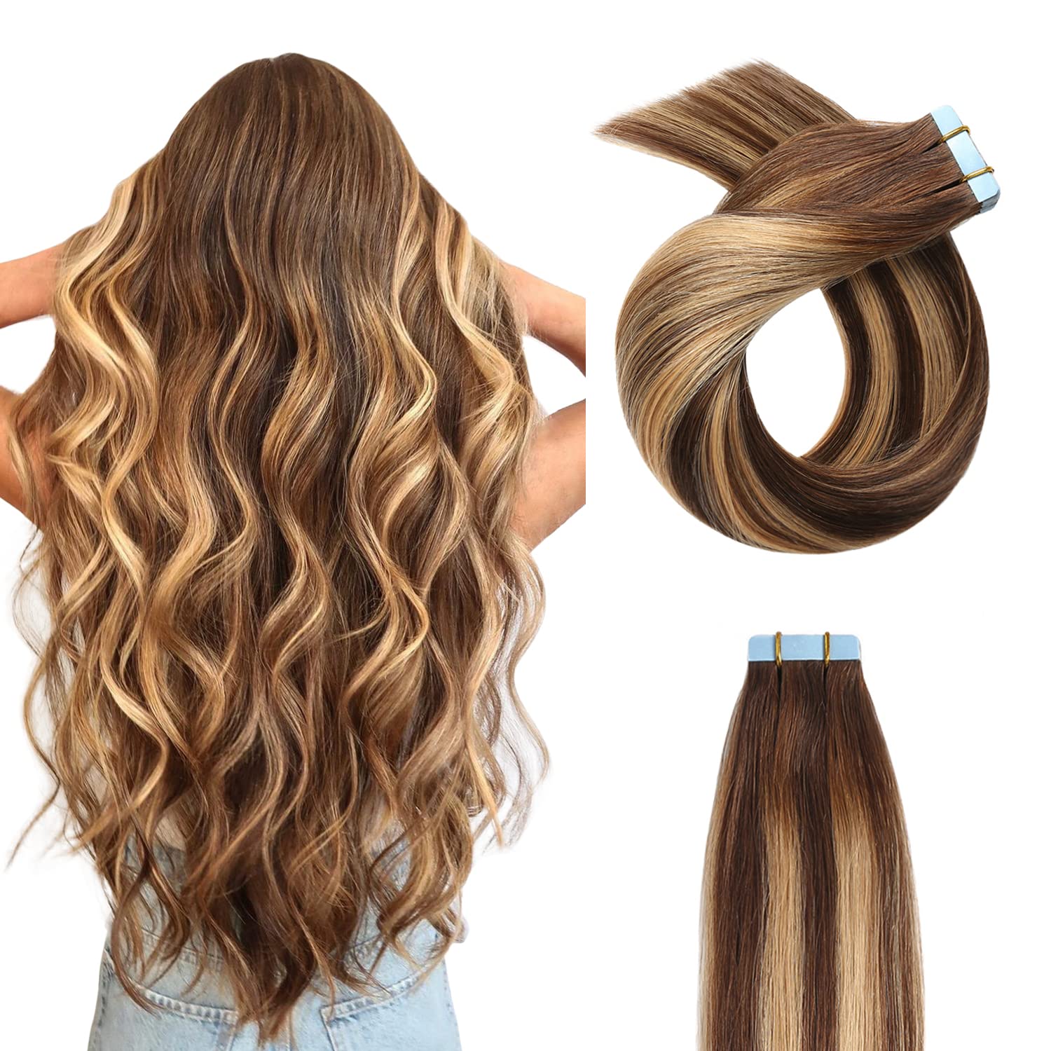 Yilite Tape In Hair Extensions Human Hair 20Inch Balayage Dark Brown To Caramel Blonde 100% Remy Human Hair,Straight Skin Weft 2