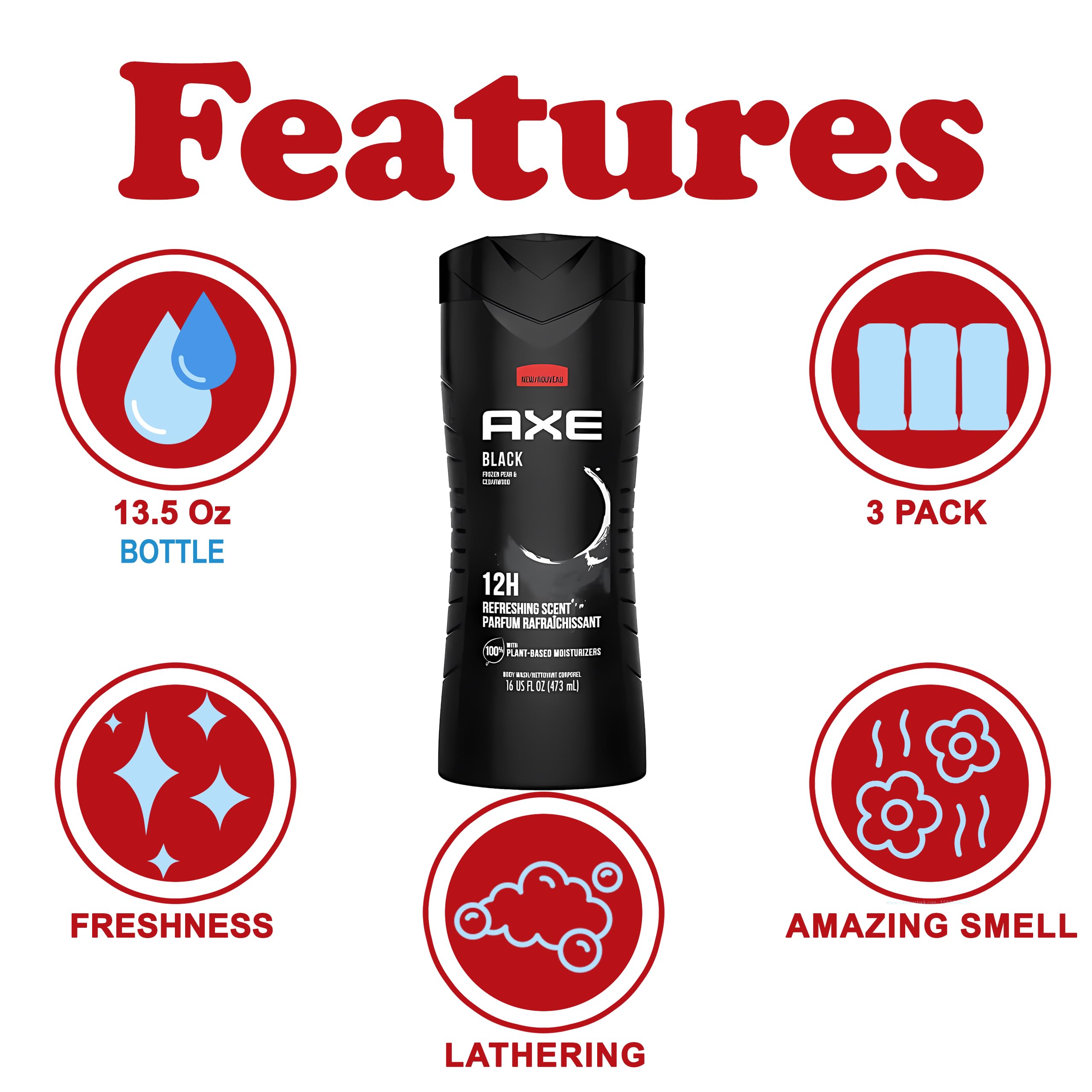 Axe Body Wash, Black 16 oz (Pack of 3)