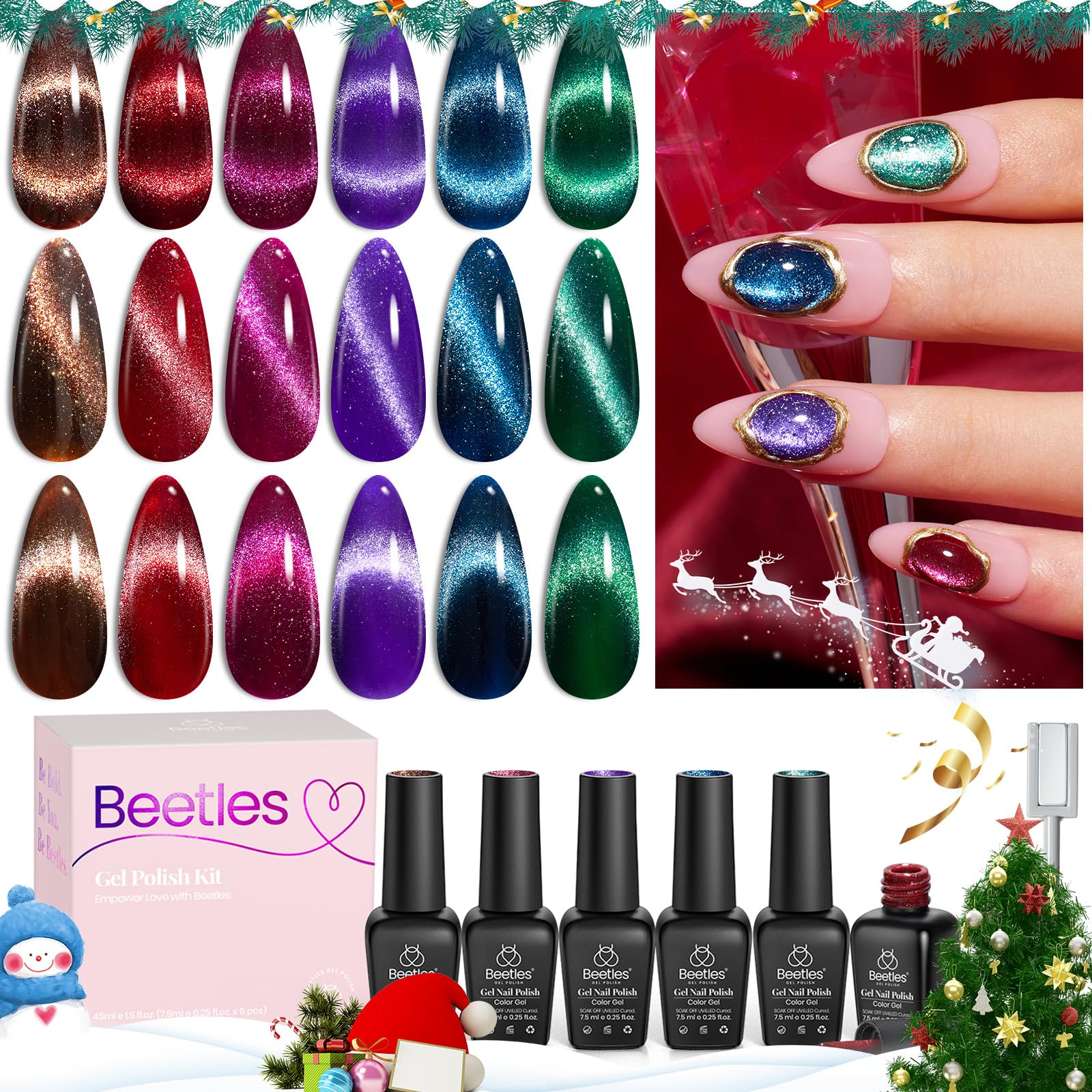 Beetles Cat Eye Christmas Gel Nail Polish Set 6 Colors, Glitter Red Shiny Brown Burgundy Purple Blue Green Magnetic Effect Spark