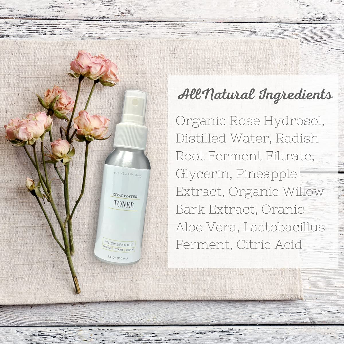 Yellow Bird Natural Rose Water Face Toner - Soothing Facial Hydration Spray, Calming Makeup Setting Mist, Moisturizer Willow Bar