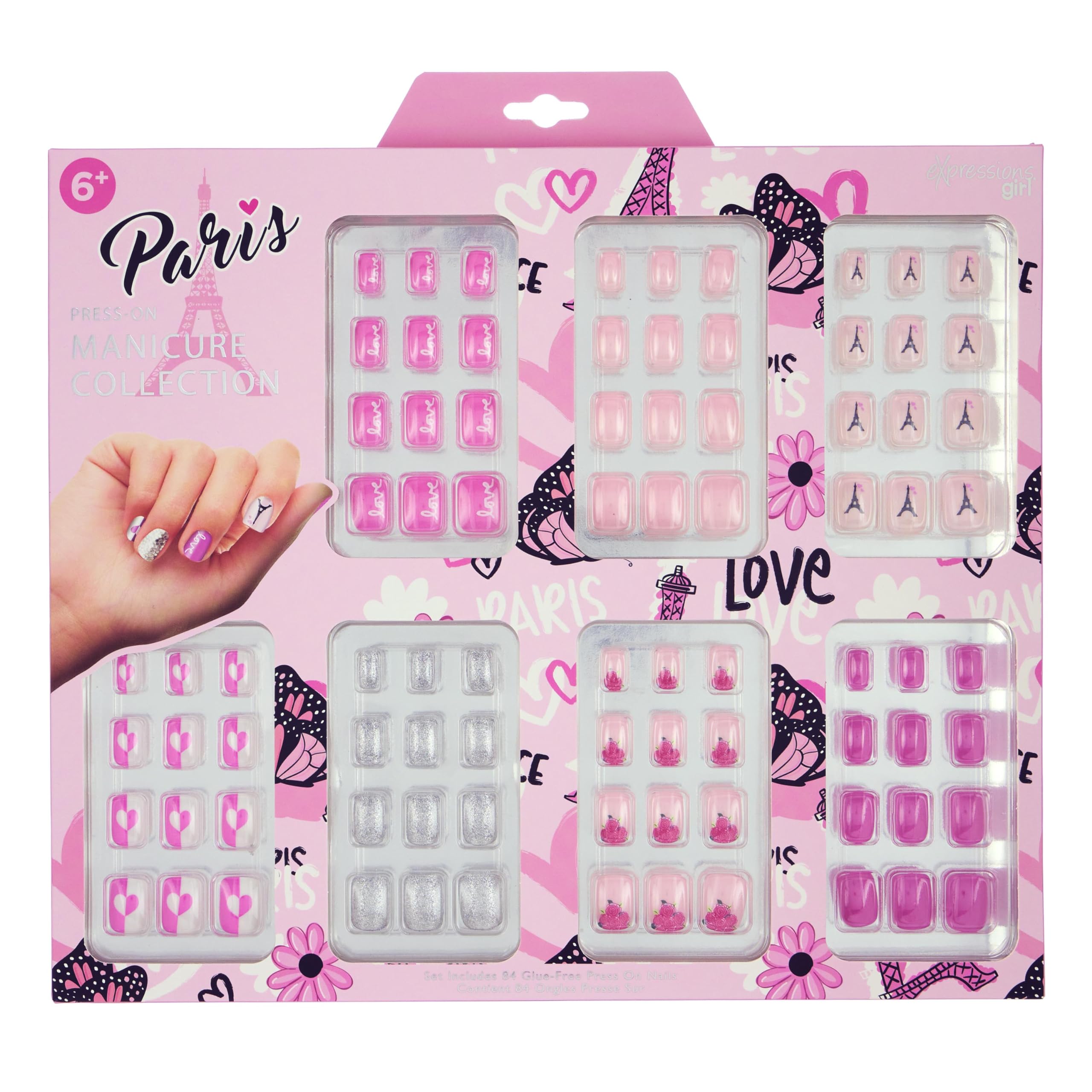 Expressions 7 Day Manicure Collection - 84Pc Press On Nail Set, Day-Of-The-Week Adhesive False Nails For Girls (Paris Love Colle