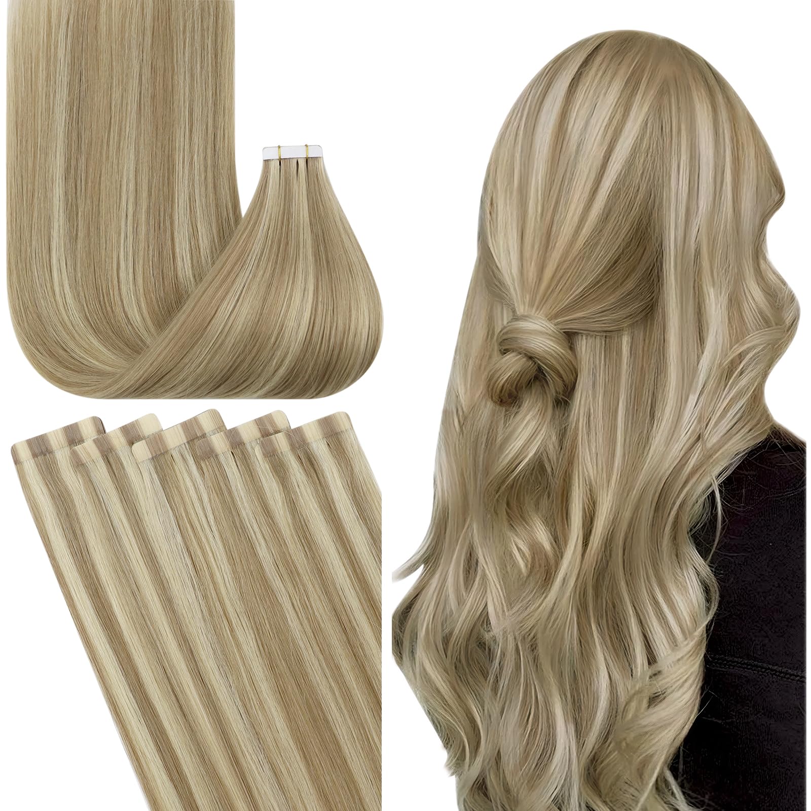 Fshine Blonde Tape In Hair Extensions Human Hair Dark Ash Blonde Mixed With Golden Blonde Highlighted Remy Hair Extensions Tape
