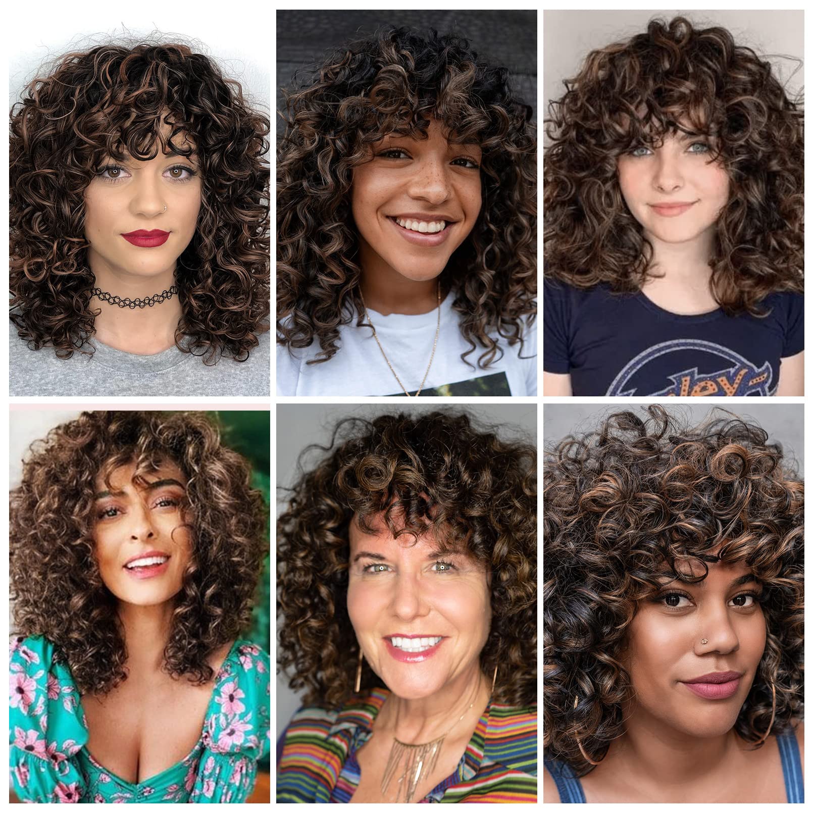 LONAI Short Curly Wig with Bangs for Women Brown Wigs with Bangs WIG006 Curly Synthetic Wig for Daily Use Party Cosplay-Black Br