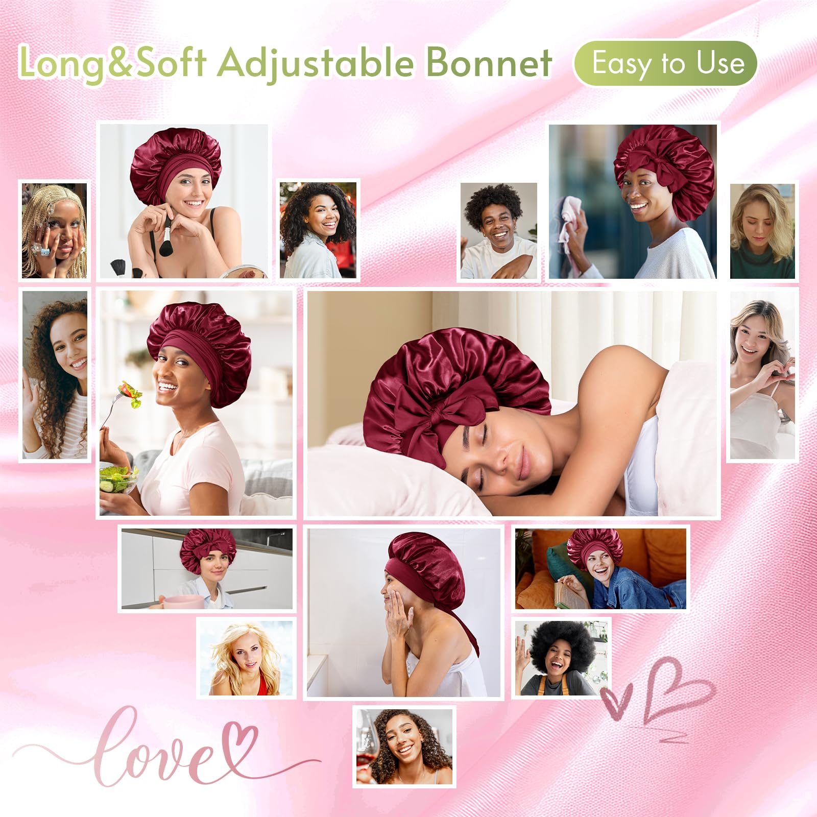 BONNET QUEEN Silk Bonnet for Sleeping Women Satin Bonnet Hair Bonnet night sleep cap scarf wrap for curly hair with tie band dar