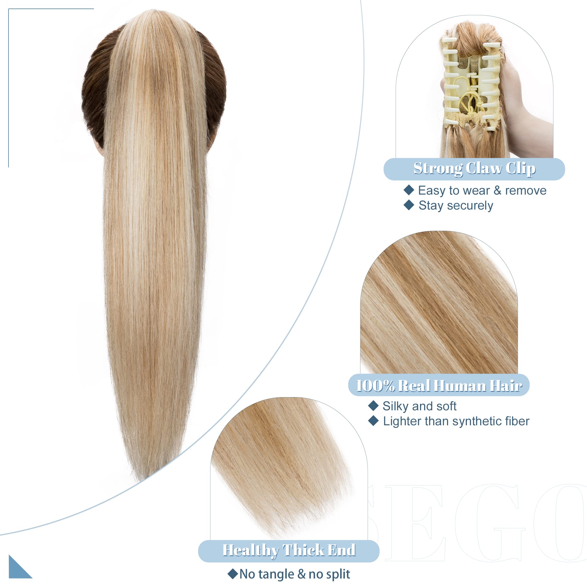 SEGO Claw Clip Ponytail Extension Human Hair Clip in Real Pony Tails Long Straight For Women 22 Inch Golden Brown&Bleach Blonde