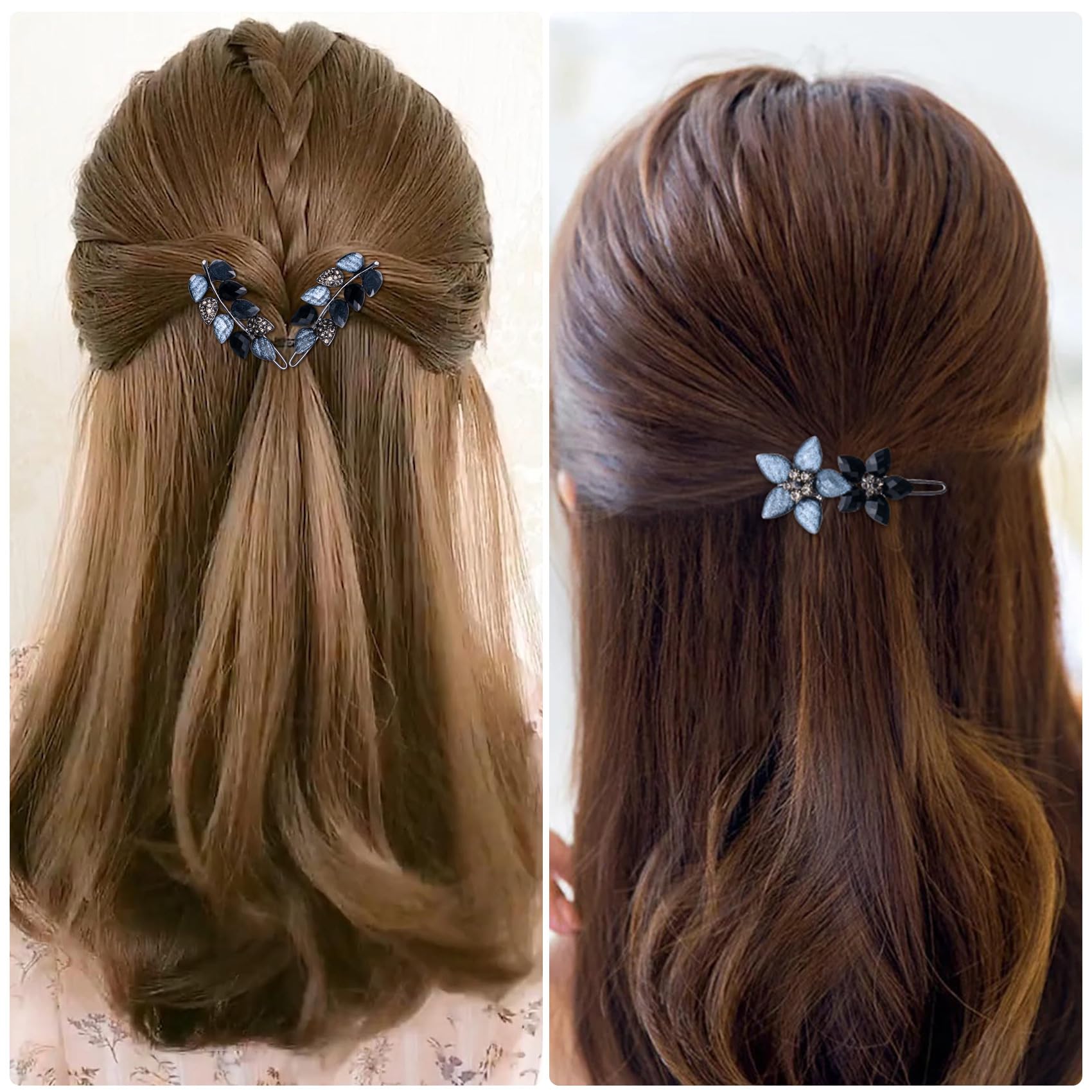 Hinzic 2Pcs 2Inch Vintage Rhinestone Hair Barrettes, Gray Black Sparkly Crystal Clips, Small Flower Fancy Decorative Hair Pins W