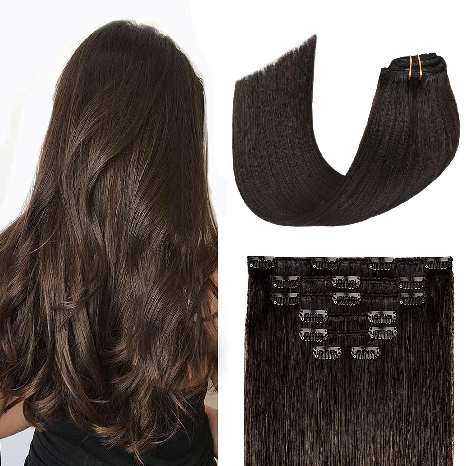 Aison Dark Brown Clip in Hair Extensions Real Human Hair 85G 100% Real Human Hair Clip in Extension Straight for Fashion Women 7