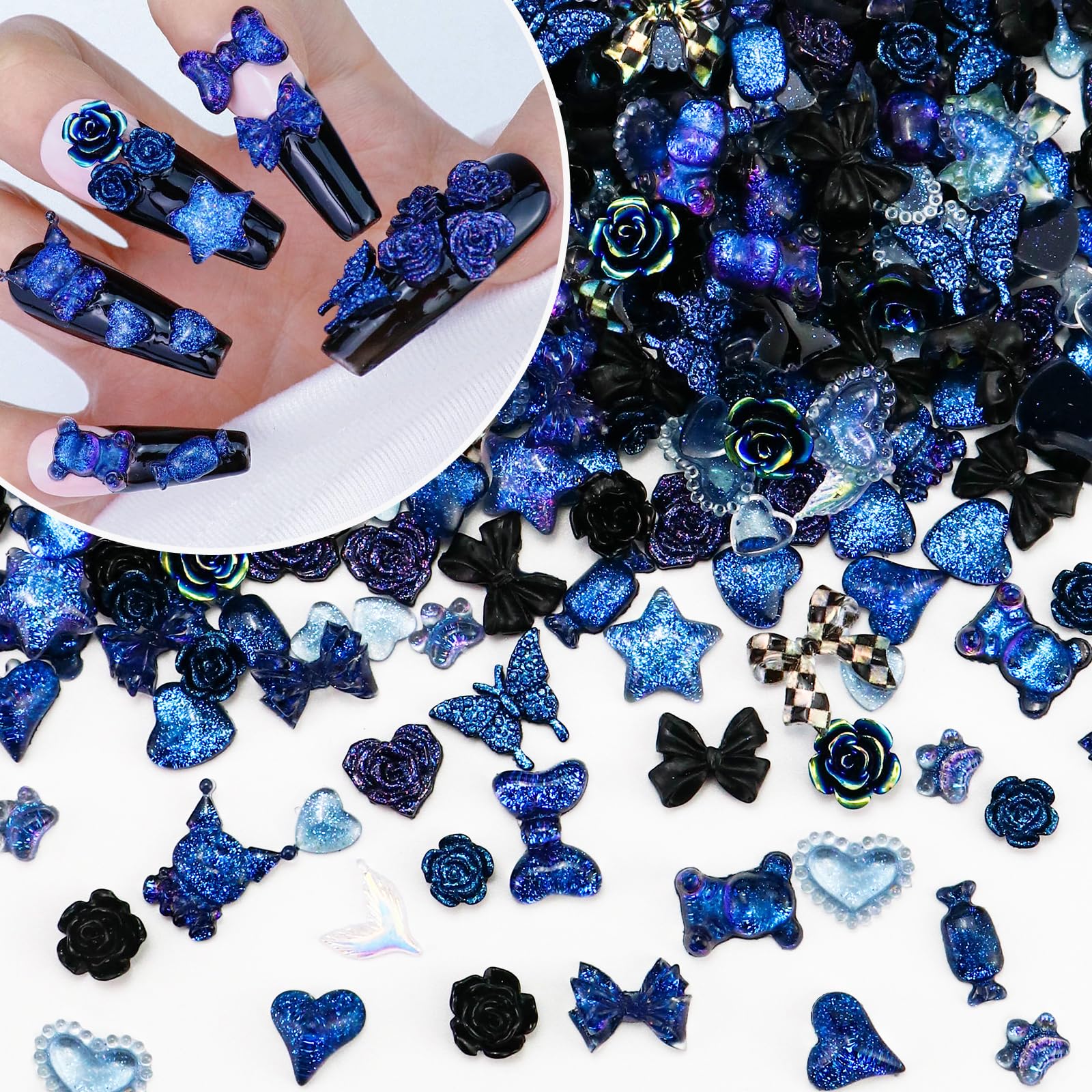 Briskbloom 320PCS 3D Nail Charms, Cute Heart Star Bow Flower Bear Black Charms for Acrylic Nail DIY Craft, Flatback Kawaii Y2K C