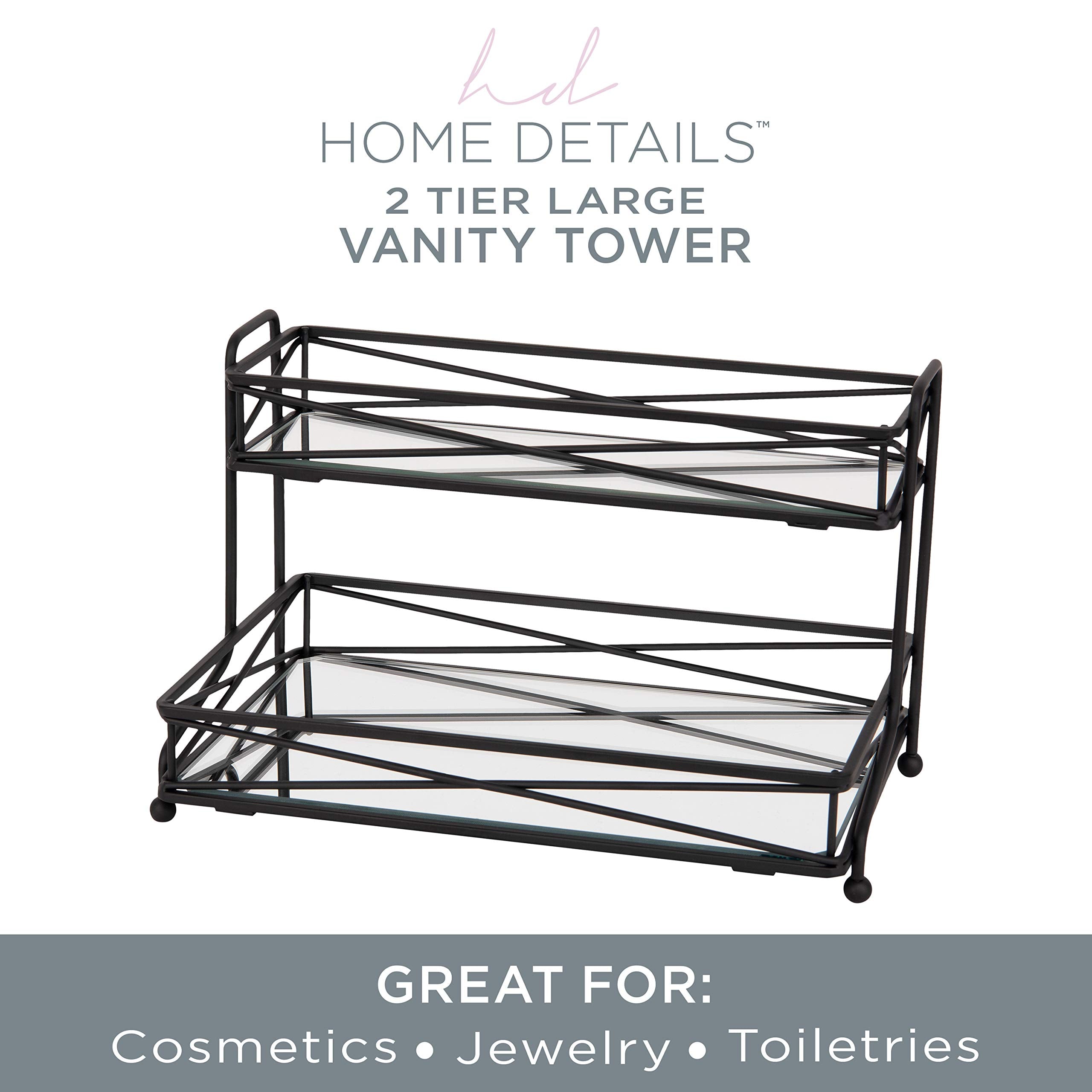 Home Details Mirrored, Perfect For Perfumes, Jewelry, Makeup, Cosmetic Organizer, Stylish Decor In Matte Black 2 Tier Vanity Tow