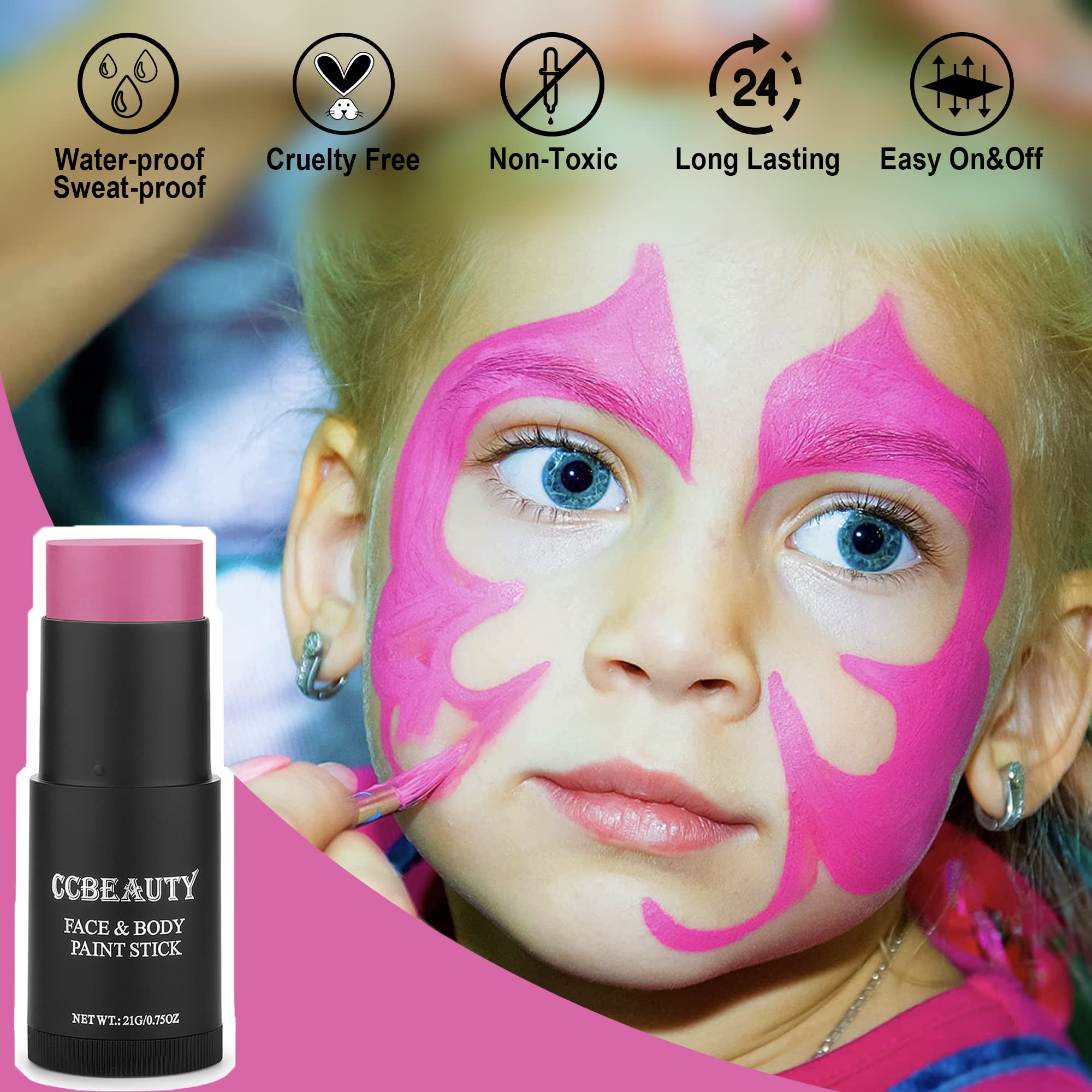 Ccbeauty Hot Pink Face Body Paint Stick, Pink Eye Black Sticks For Sports, Cream Facepaint Foundation Makeup, Face Painting Kit