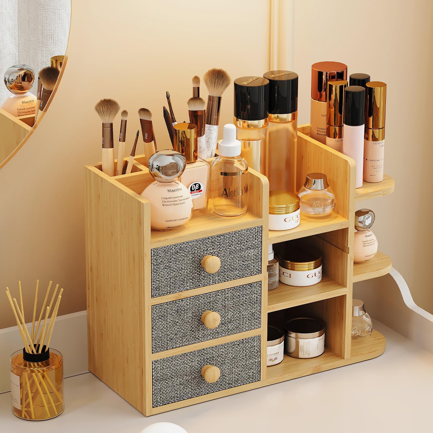 Makeup Organizer Countertop, Cosmetic Skincare Organizers With 3 Makeup Brush Holders/3 Drawers/7 Storage Shelves, Elegant Bambo