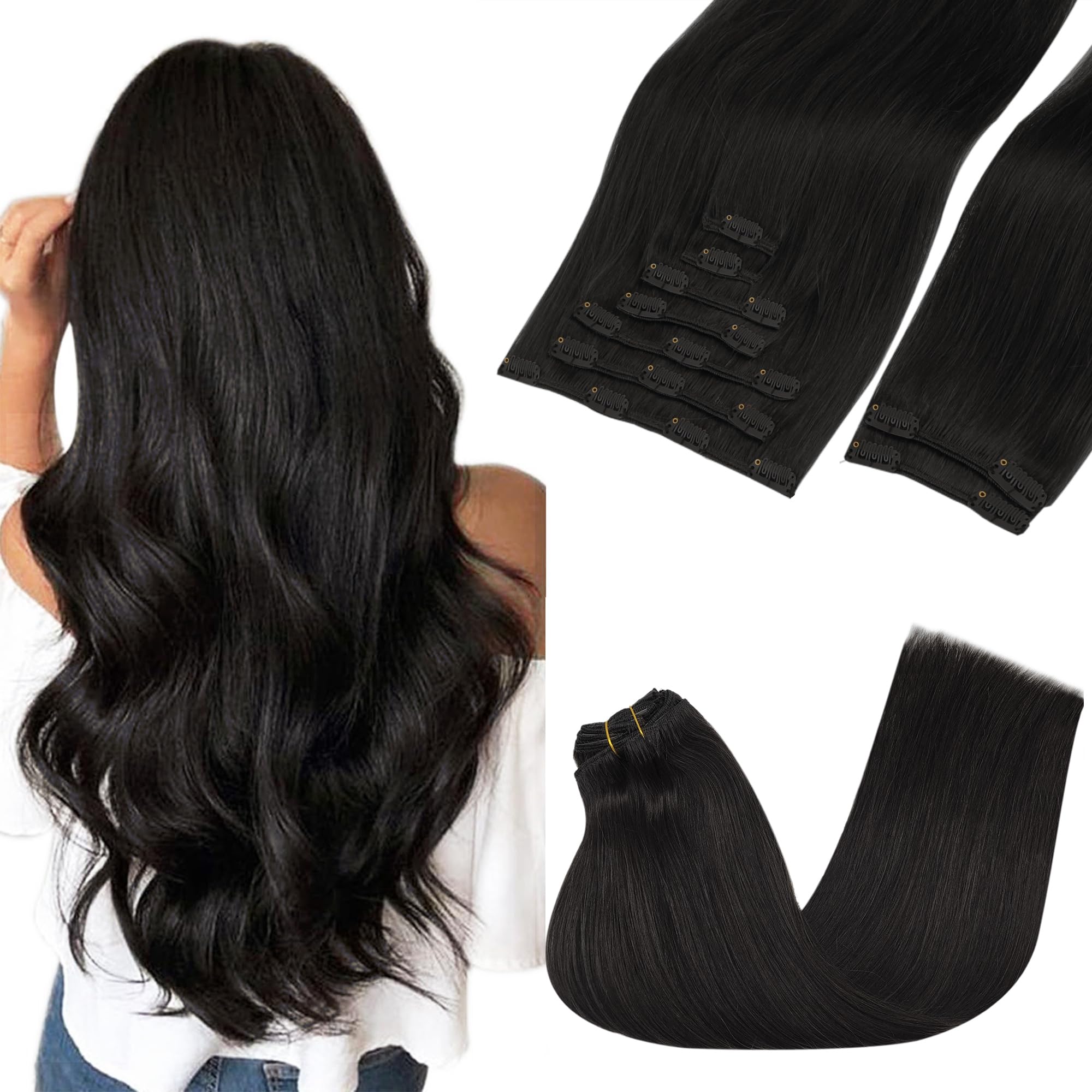 GOO GOO Clip in Hair Extensions Real Human Hair, 18inch 150g 9Pcs, 1B Natural black, Remy Human Hair Extensions Clip ins for Wom