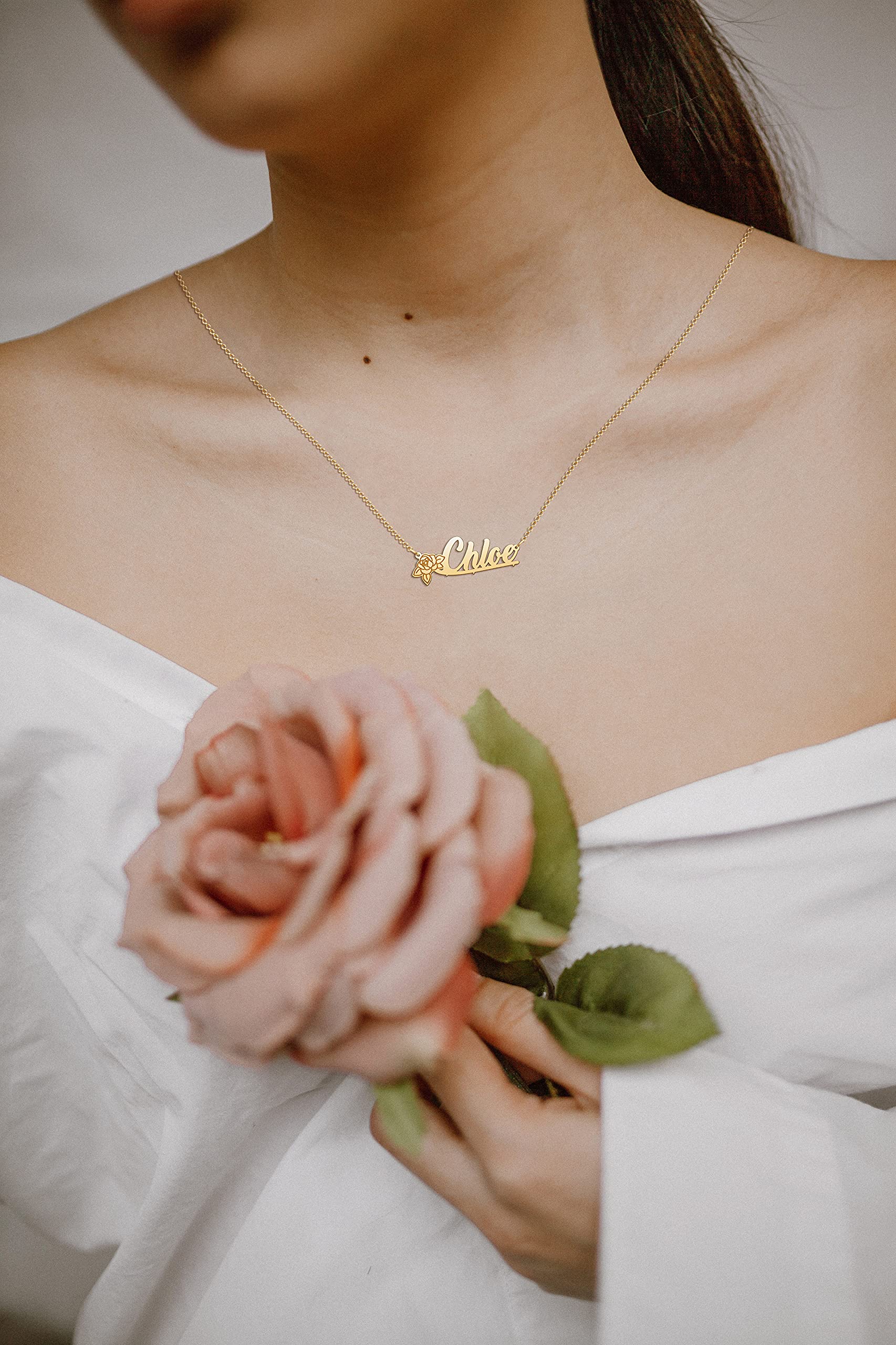 CoolJewelry Rose Flower Necklace Love Heart Necklace Custom Necklace Personalized Name Necklace for Women for