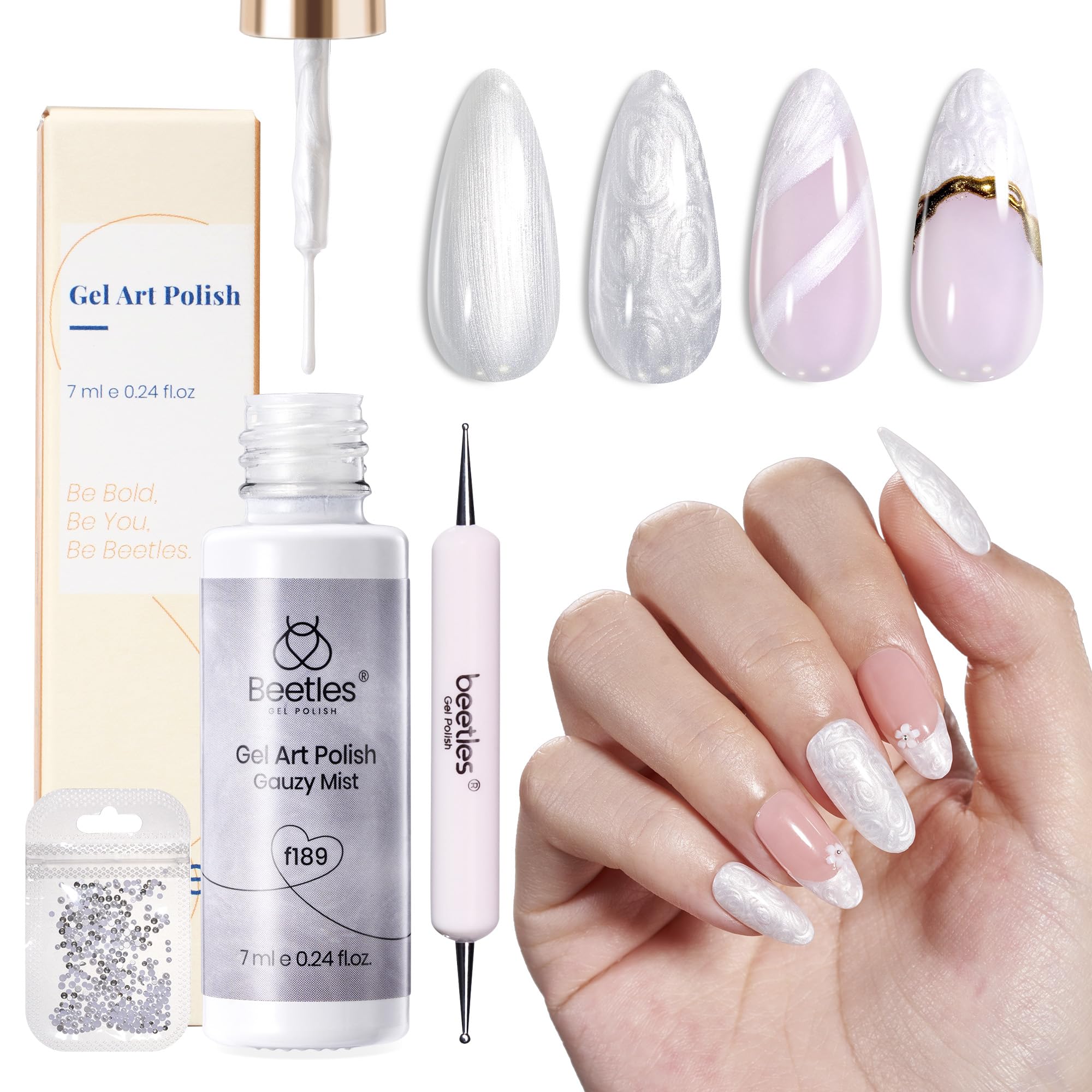 Beetles White Liner Gel Polish, 7ml Pearl White Gel Liner Nail Art Pearlescent Silver Shell Glitter Swirl Effect Pearl Gel Nail 
