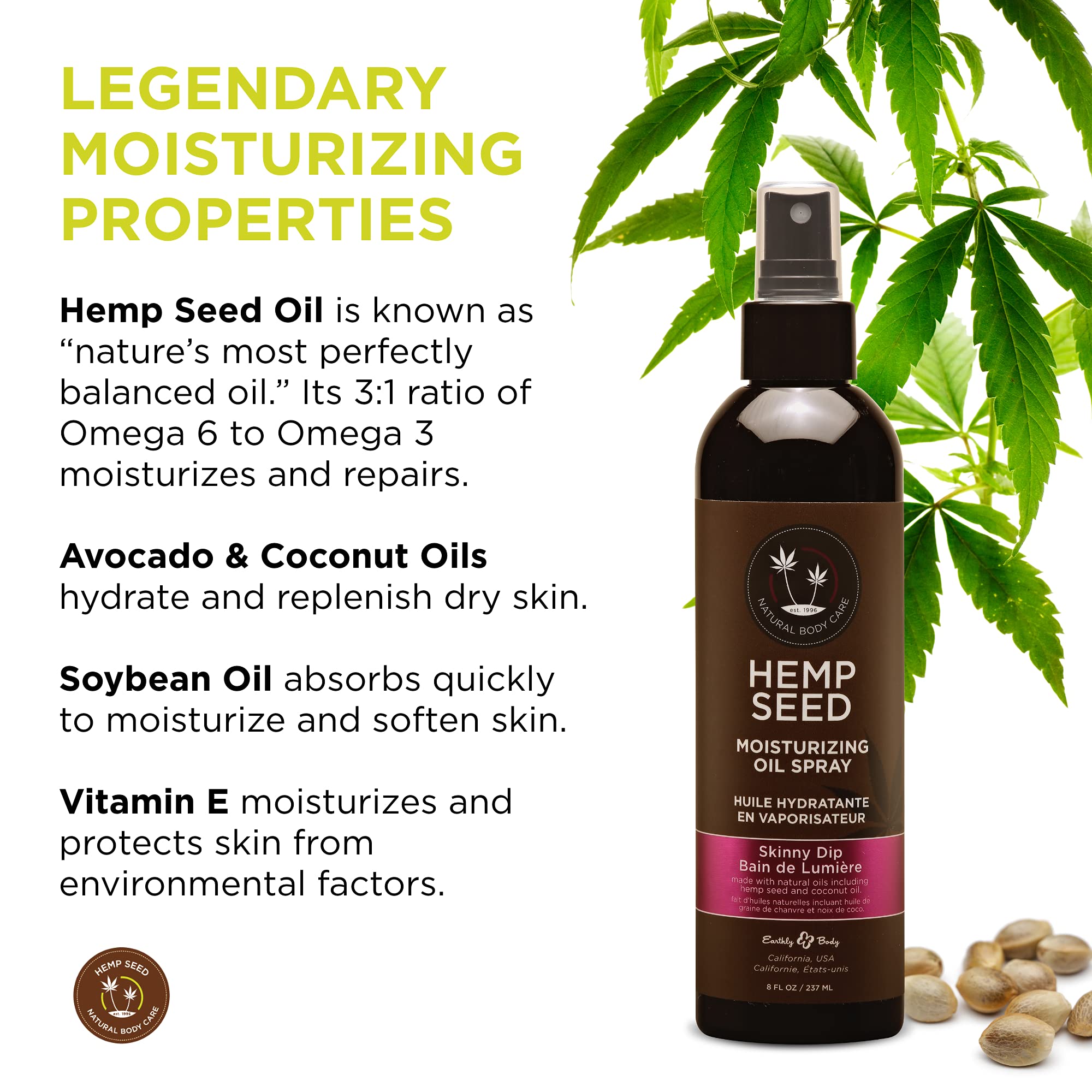 Hemp Seed Moisturizing Oil Spray, Skinny Dip - 8 Oz - Smooth, Moisturize & Protect Skin - With Vitamin E + Hemp Seed, Coconut &