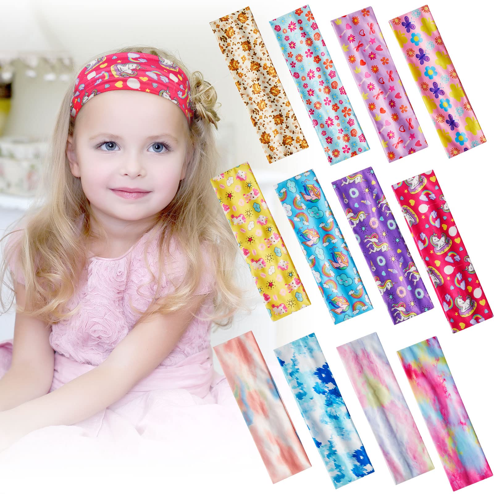 Juexica 12 Pieces Wide Headbands for Girls Cute Elastic Butterfly Unicorn Tie Dye Floral Hair Bands No Slip Soft Heart Stretch H