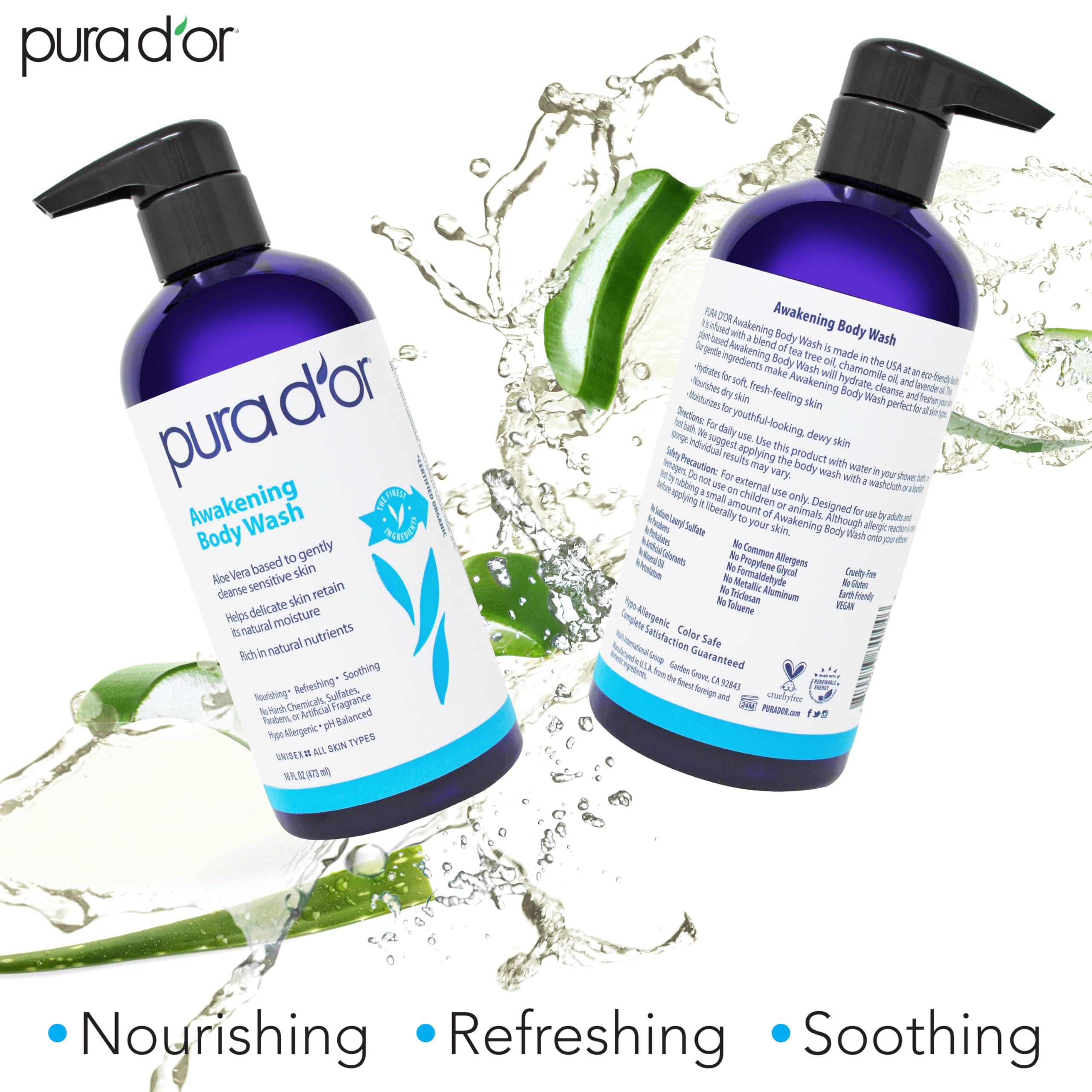 Pura D'Or Awakening Body Wash (16Oz) With Aloe Vera, Chamomile, Lavender, Tea Tree And Natural Nutrients - Ph Balanced For Moist