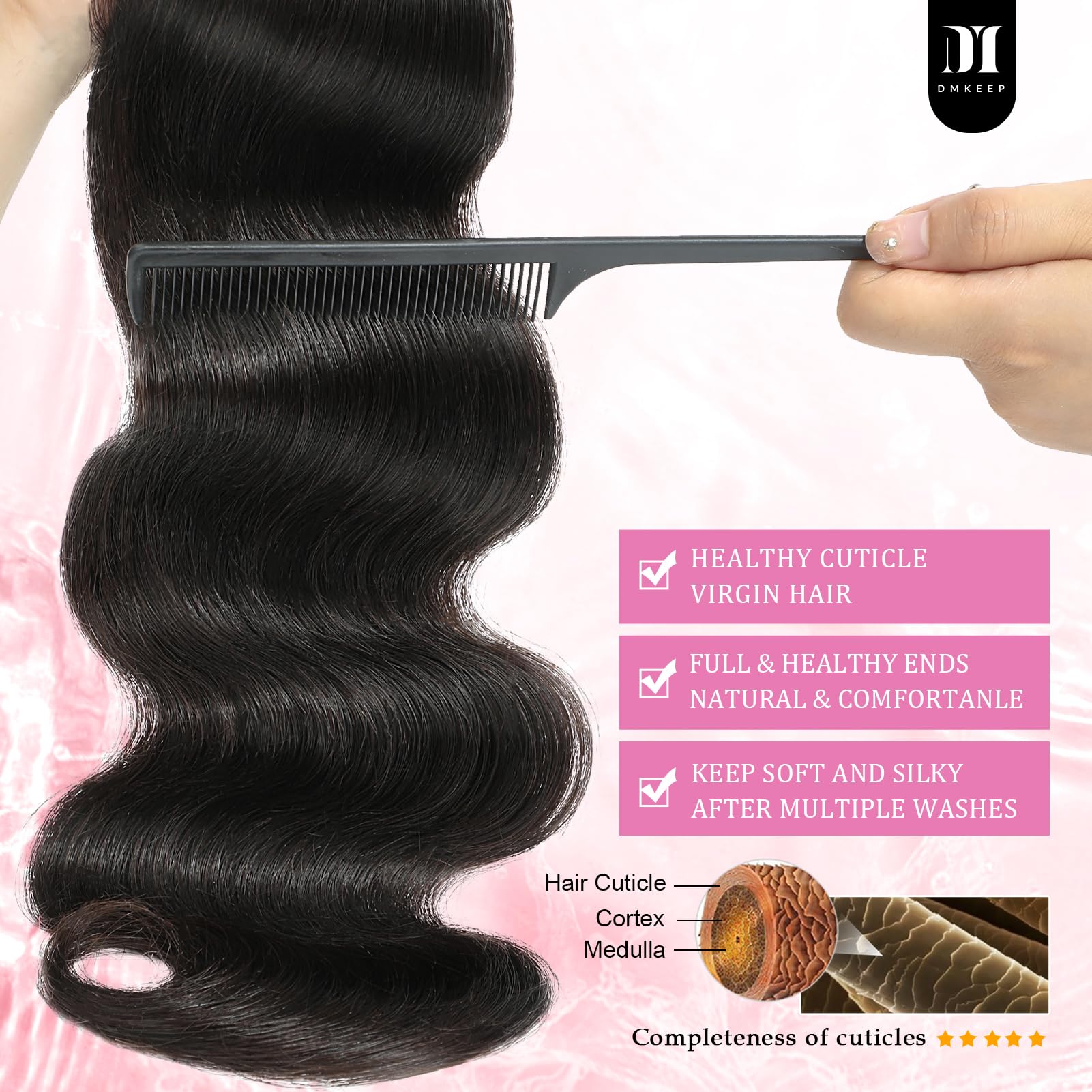 DMKEEP 12A Body Wave Human Hair Bundles 18/20/22 Inch, 100% Unprocessed Brazilian Virgin Hair, Natural Color, 3 Pcs Quick Weave Extensions