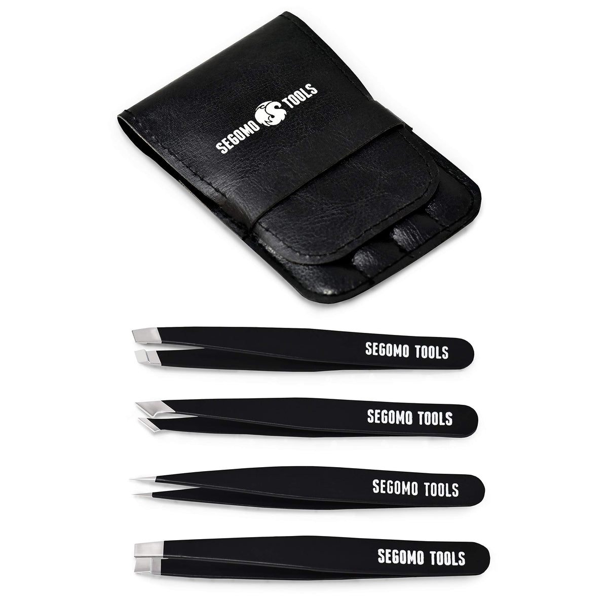 Segomo Tools Tweezer Set - Precision Ingrown Hair Removal Kit - Stainless Steel, 4 Piece - Includes Flat, Angled, Slant & Pointe