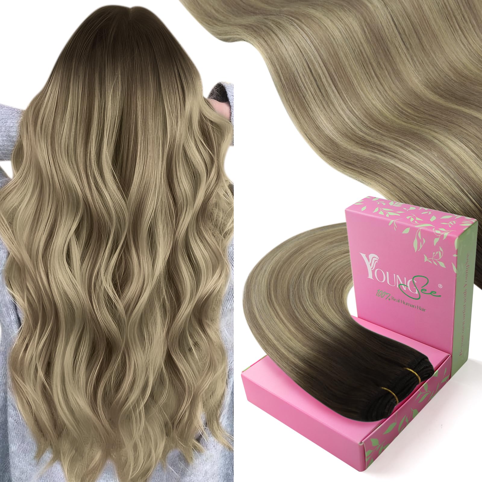 YoungSee Weft Extensions Human Hair Brown Ombre Sew in Real Hair Extensions Soft Weft for a Smooth and Natural Finish 20Inch 100