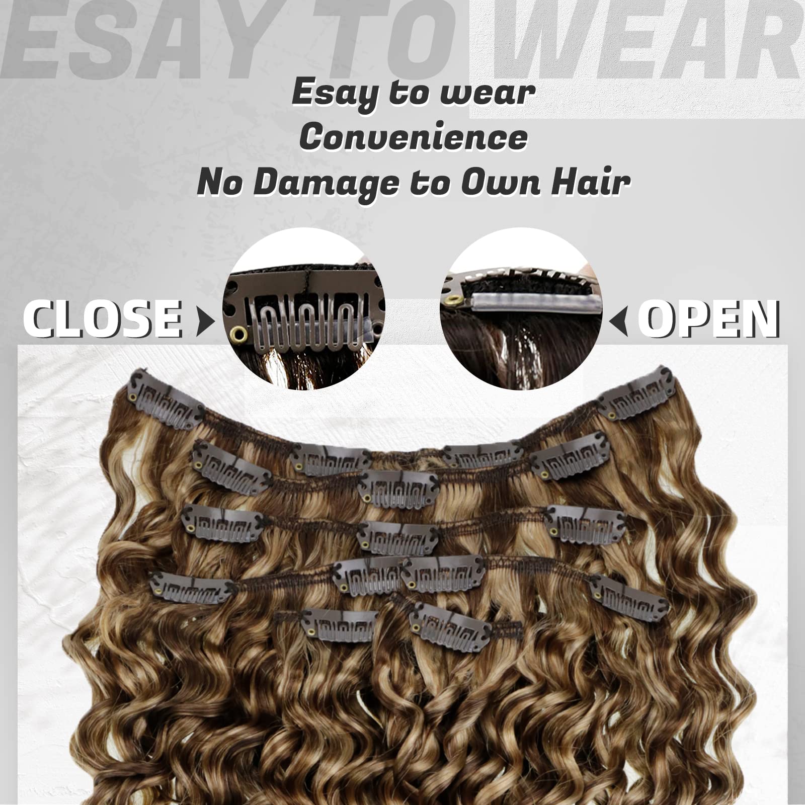 Hetto Curly Extensions Clip in Human Hair Brown Highlight Blonde 4/27 Clip in Hair Extensions Human Hair Natural Curly Human Hai