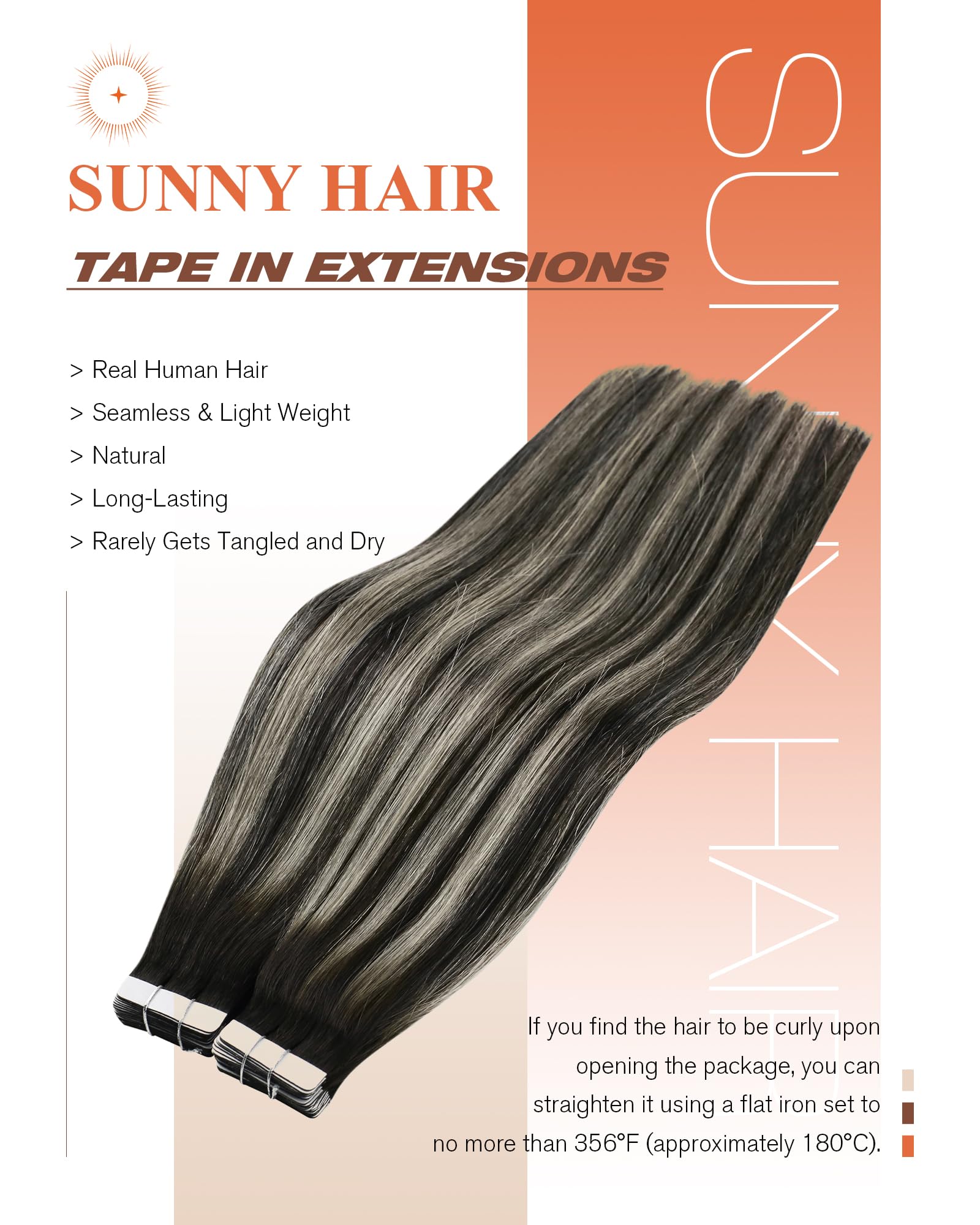 Sunny Hair Tape in Hair Extensions Real Human Hair Invisible Remy Hair Extensions Tape ins for Women Natural Black Roots to Silv