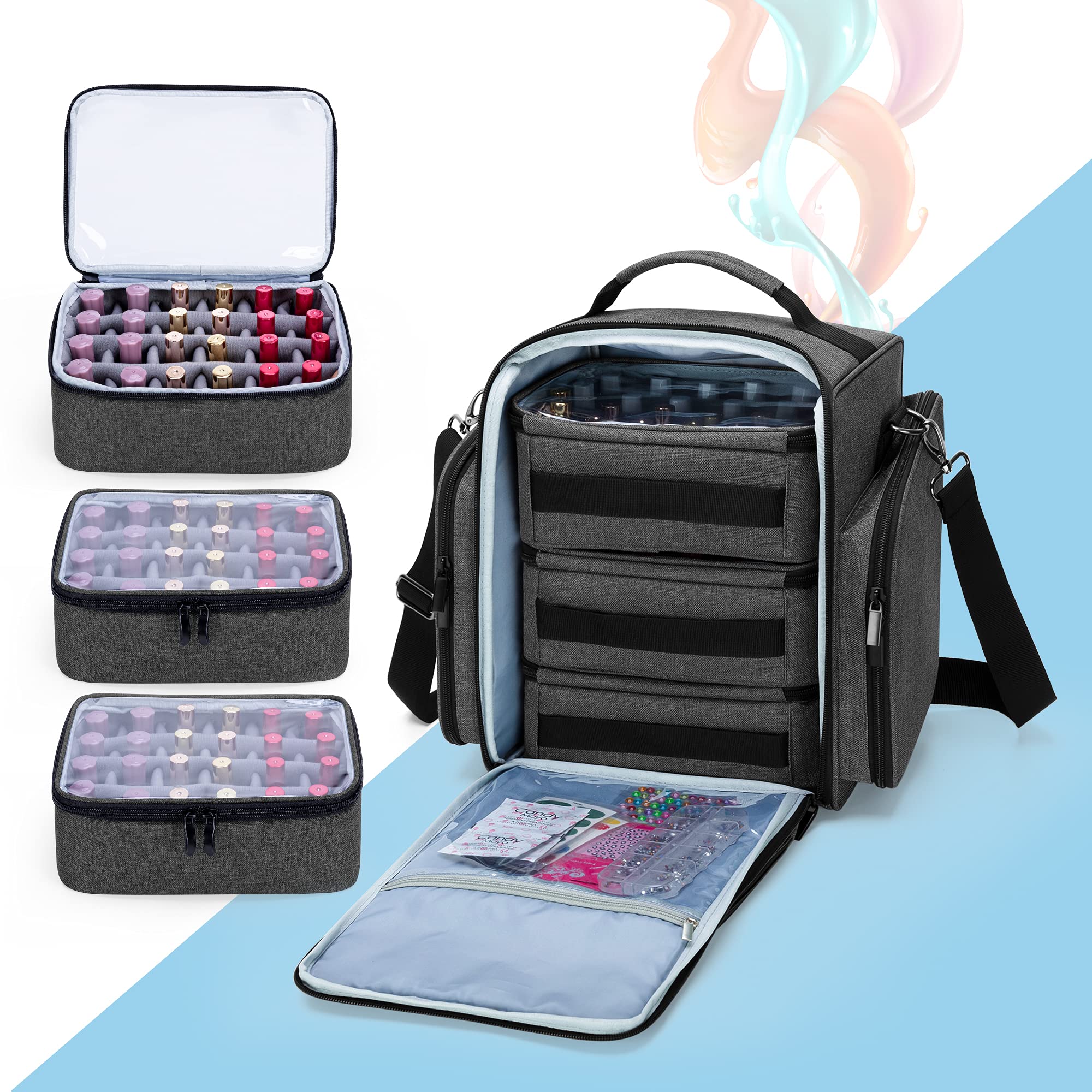 BAFASO Nail Polish Organizer Holds 72 Bottles (15ml - 0.5 fl.oz), Large Nail Polish Case with 3 Removable Pouches and Multiple S