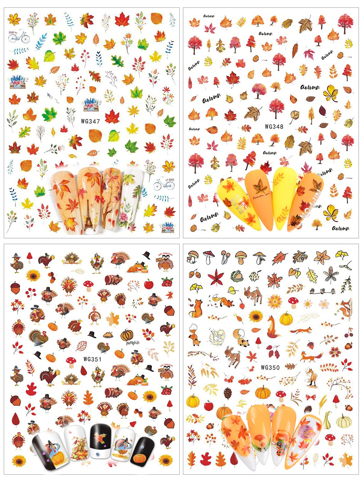 12 Sheets Fall Nail Art Sticker Decals, Ebanku Self Adhesive Maple Leaf Nail Stickers Autumn Thanksgiving Carton Animal Sticker