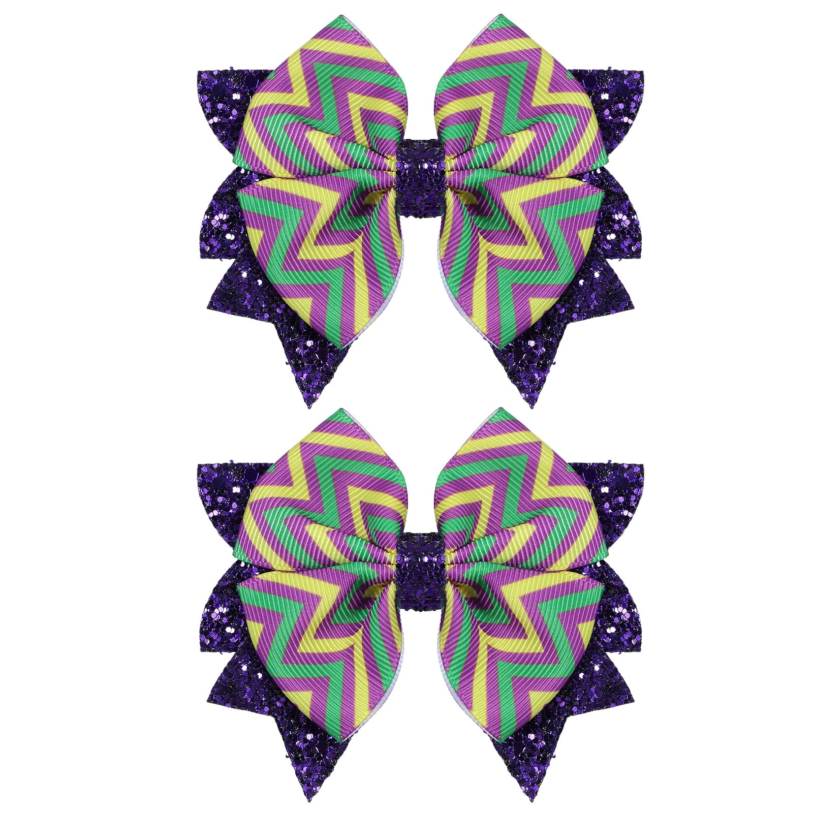 Girls Mardi Gras Stripe Hair Bows, 2-Pack 3.5 Glitter Purple Gold Green Boutique Ribbon Bow Alligator Clips for Toddler Teens Wo