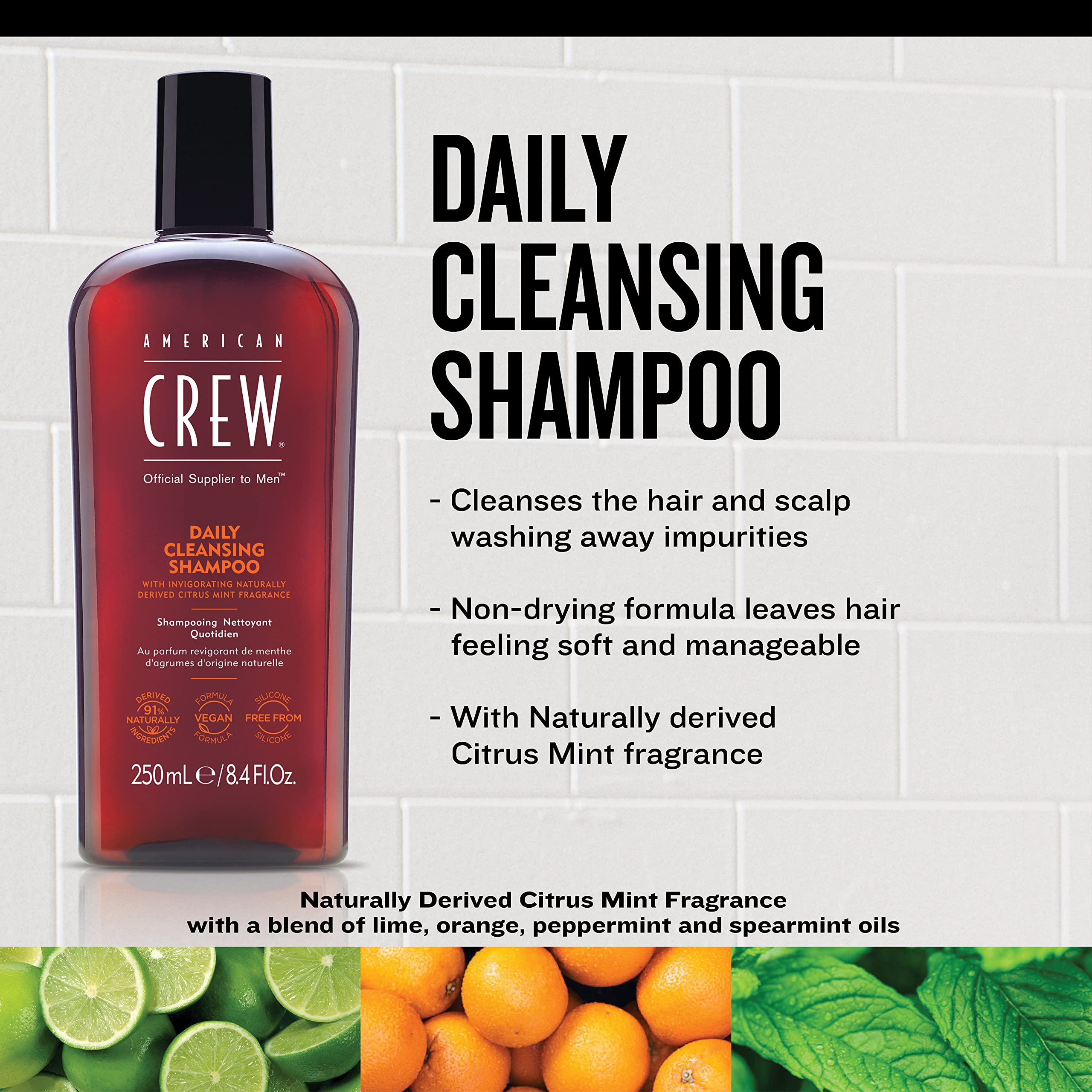 American Crew Shampoo For Men, Daily Cleanser, Naturally Derived, Vegan Formula, Citrus Mint Fragrance, 8.45 Fl Oz