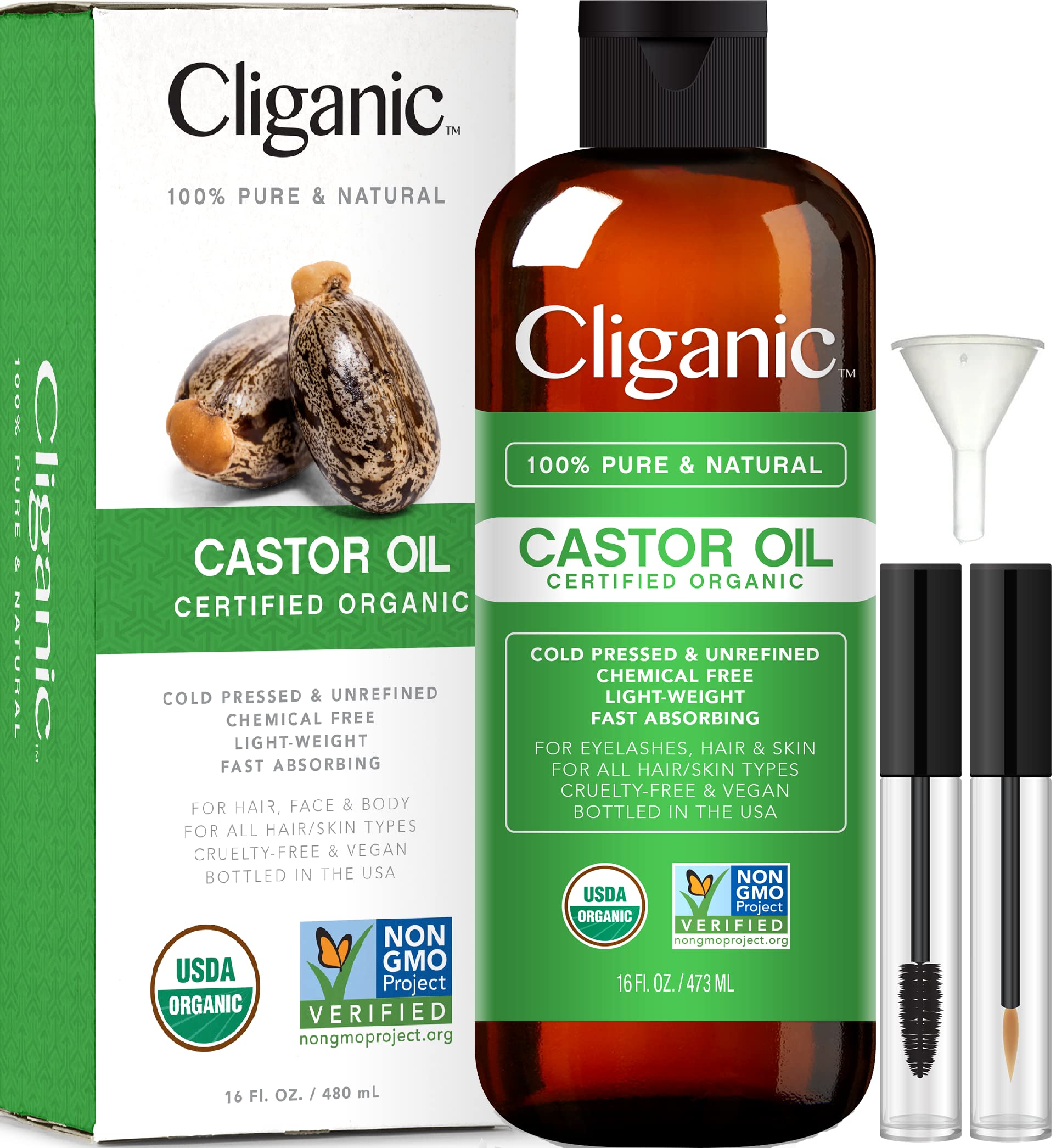 Cliganic USDA Organic Castor Oil, 100% Pure (16oz with Eyelash Kit)  For Eyelashes, Eyebrows, Hair & Skin | Bulk, Natural Cold 