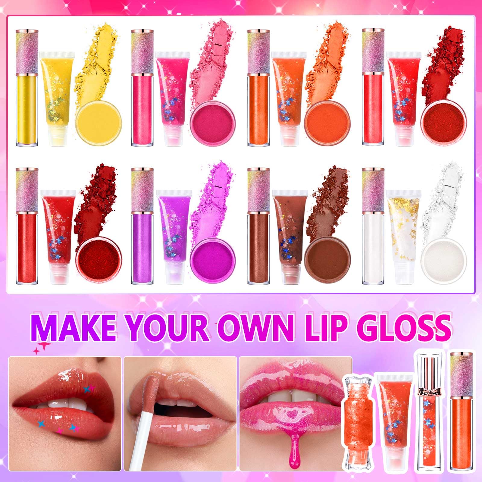 Jcoos Lip Gloss Making Kit - DIY Glitter Lip Gloss Set for Teens, 0.03 Fl Oz, Pink, Perfect Gift for Girls