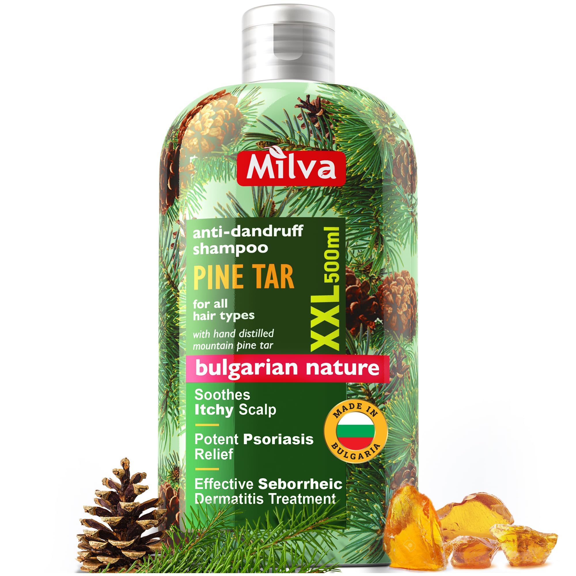 Milva Pine Tar Shampoo - 17 Fl Oz Natural Pine Tar Shampoo for Men & Women - Great for Dry, Itchy & Flaky Scalp - Made in Bulgar