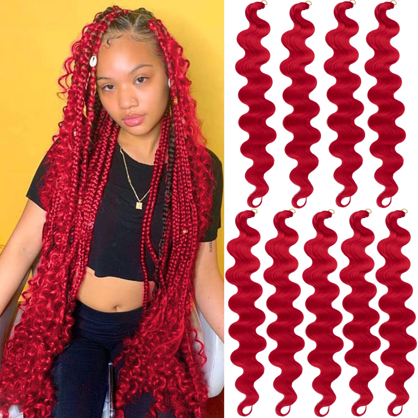 Unionbeauty Red Body Wave Braiding Hair 24 Inch 9 Packs Pre-Feathered Braiding Hair for Goddess Boho Box Braids Synthetic Croche