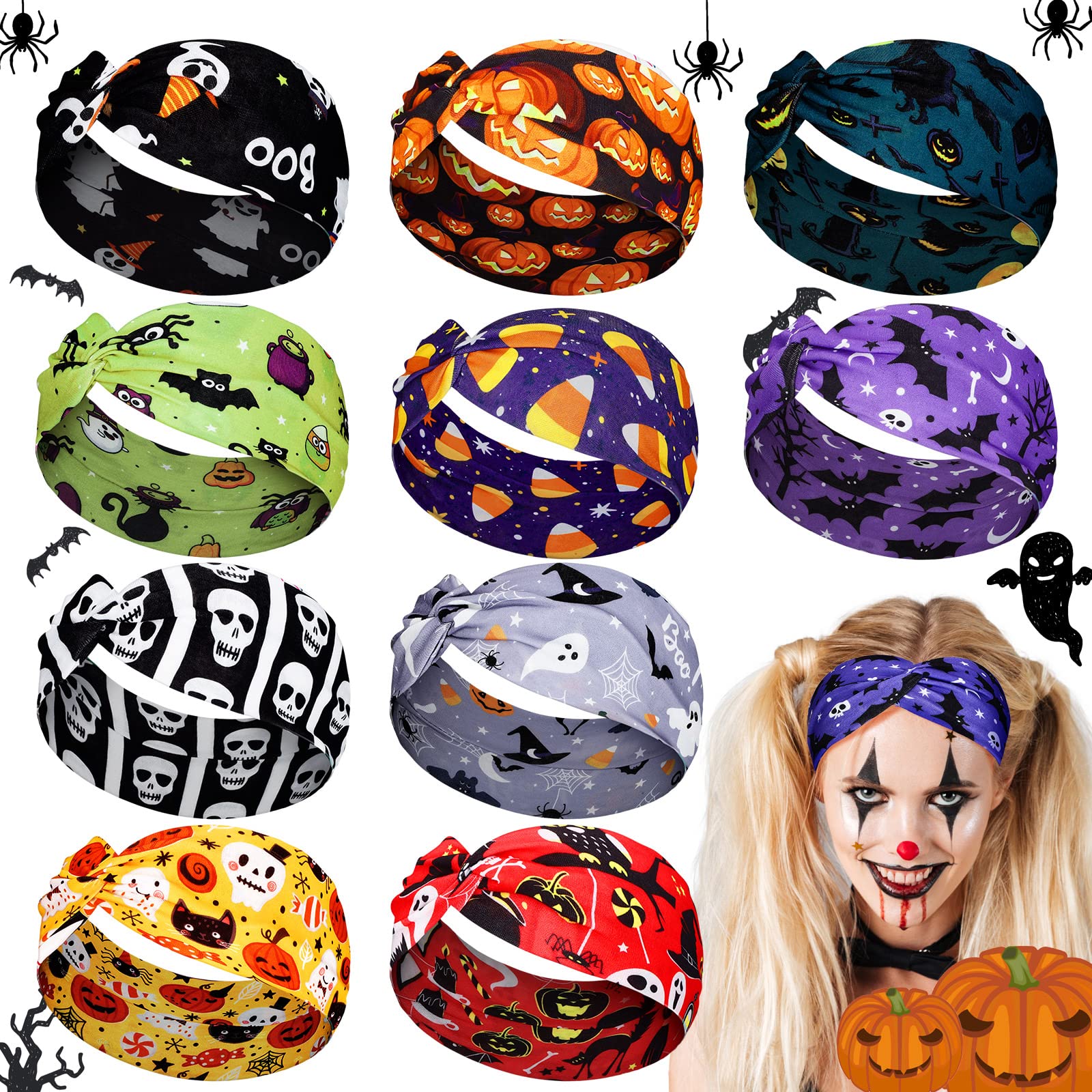 Giegxin 10 Pcs Halloween Headbands for Women Fall Thanksgiving Pumpkin Hair Band Notted Wide Elastic Hair Accessories for Holida