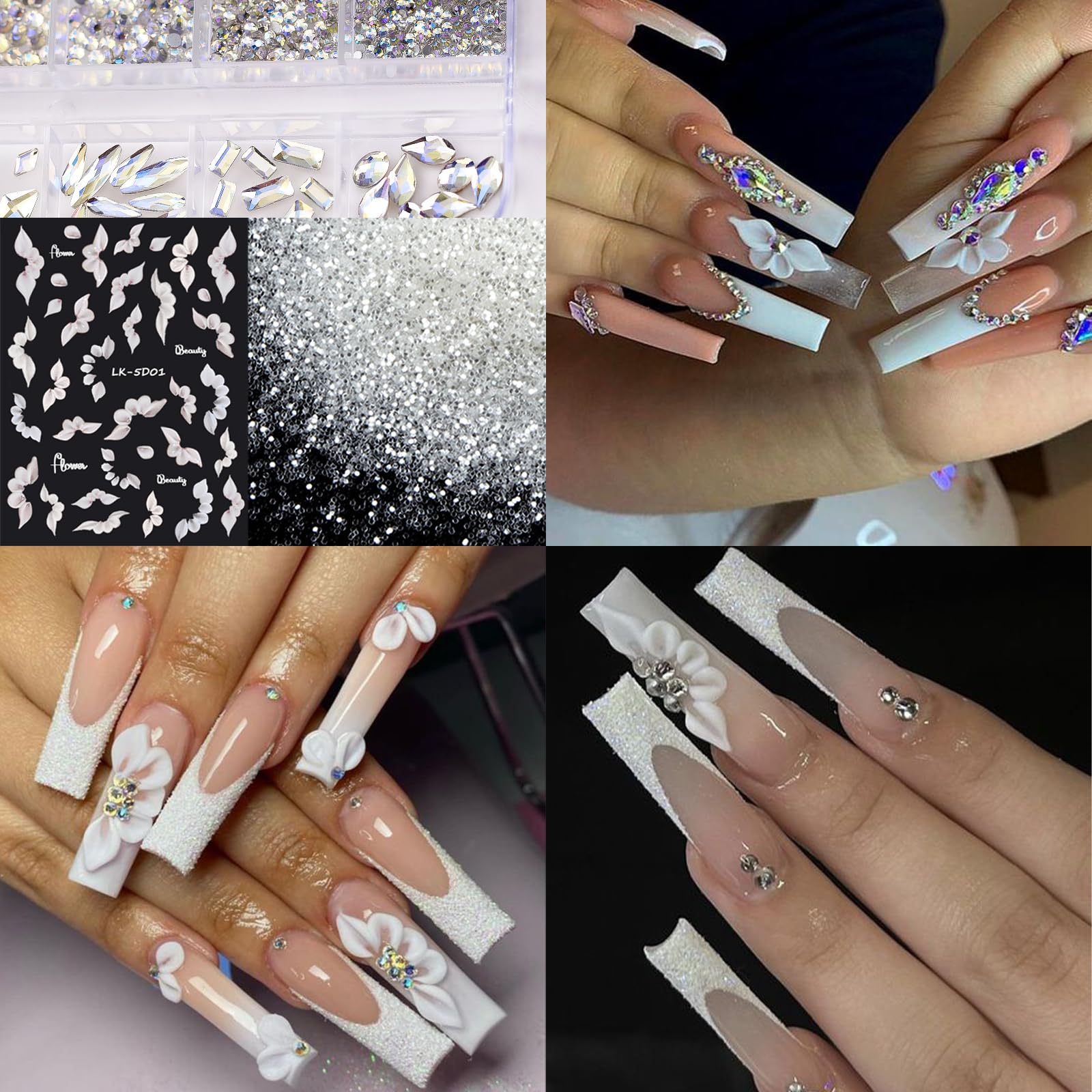 Nail Art Rhinestones For Nails, Flatback Multi Shape Gems 3D Flowers Nail Charms Mixed Nail Glitter Powder Nail Supplies Moonlig