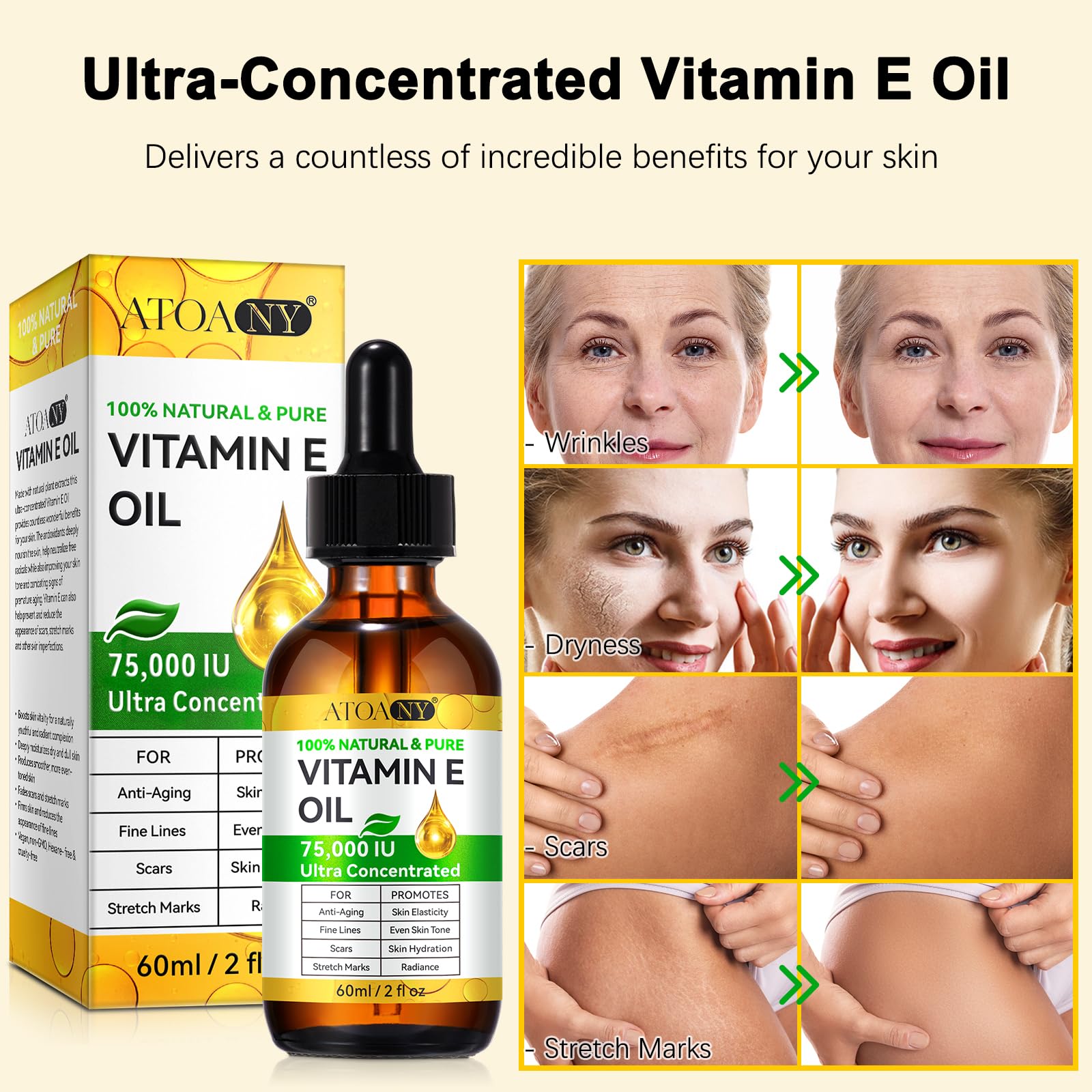 Vitamin E Oil, 75000 IU Ultra Concentrated - 100% Natural & Pure Vitamin E Oil for Face, Skin, Scars - Moisturizes Dry Skin & Re