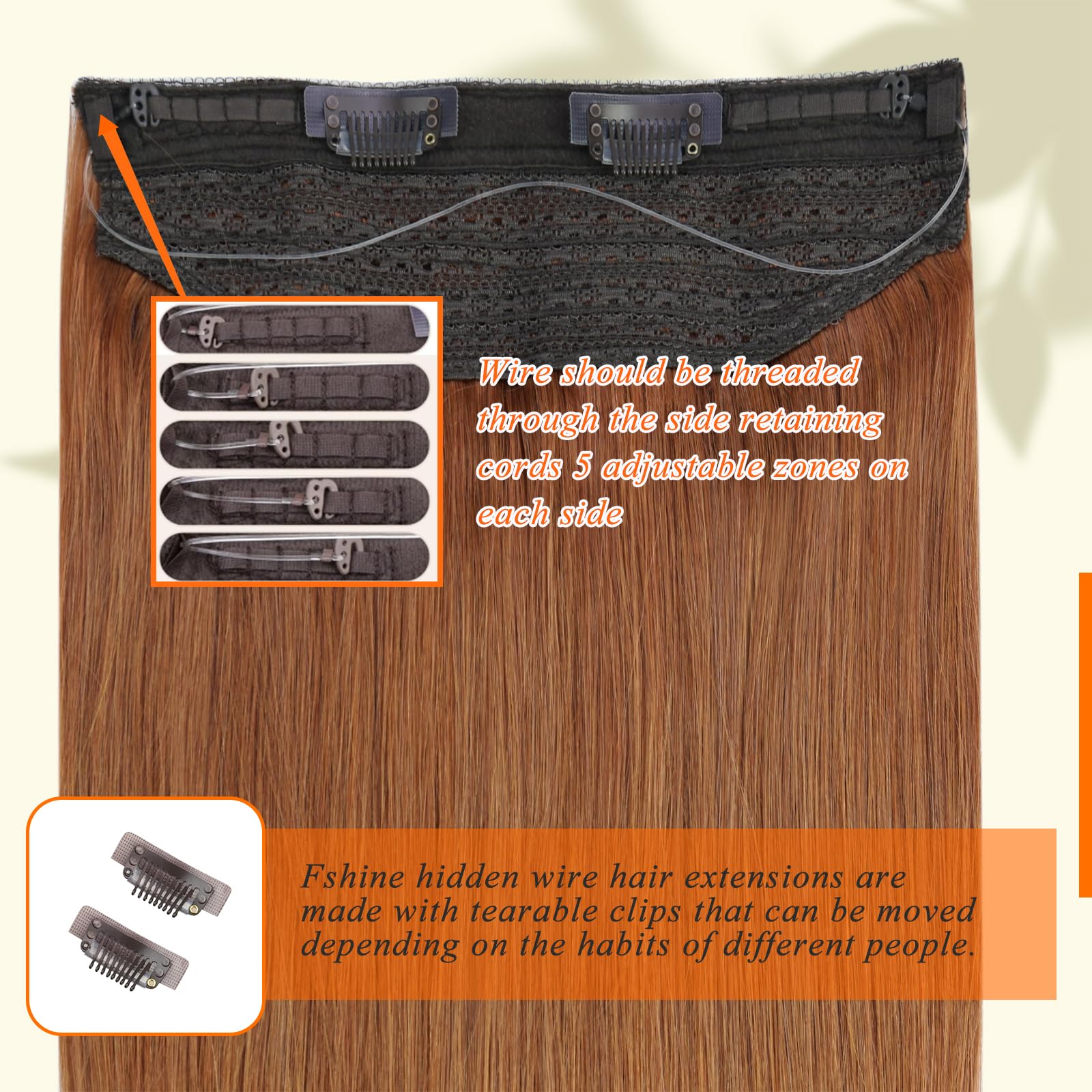 Fshine Invisible Wire Hair Extensions Copper 12 Inch Seamless Wire Hair Extensions Real Human Hair Color 330 Pumpkin Spice One P