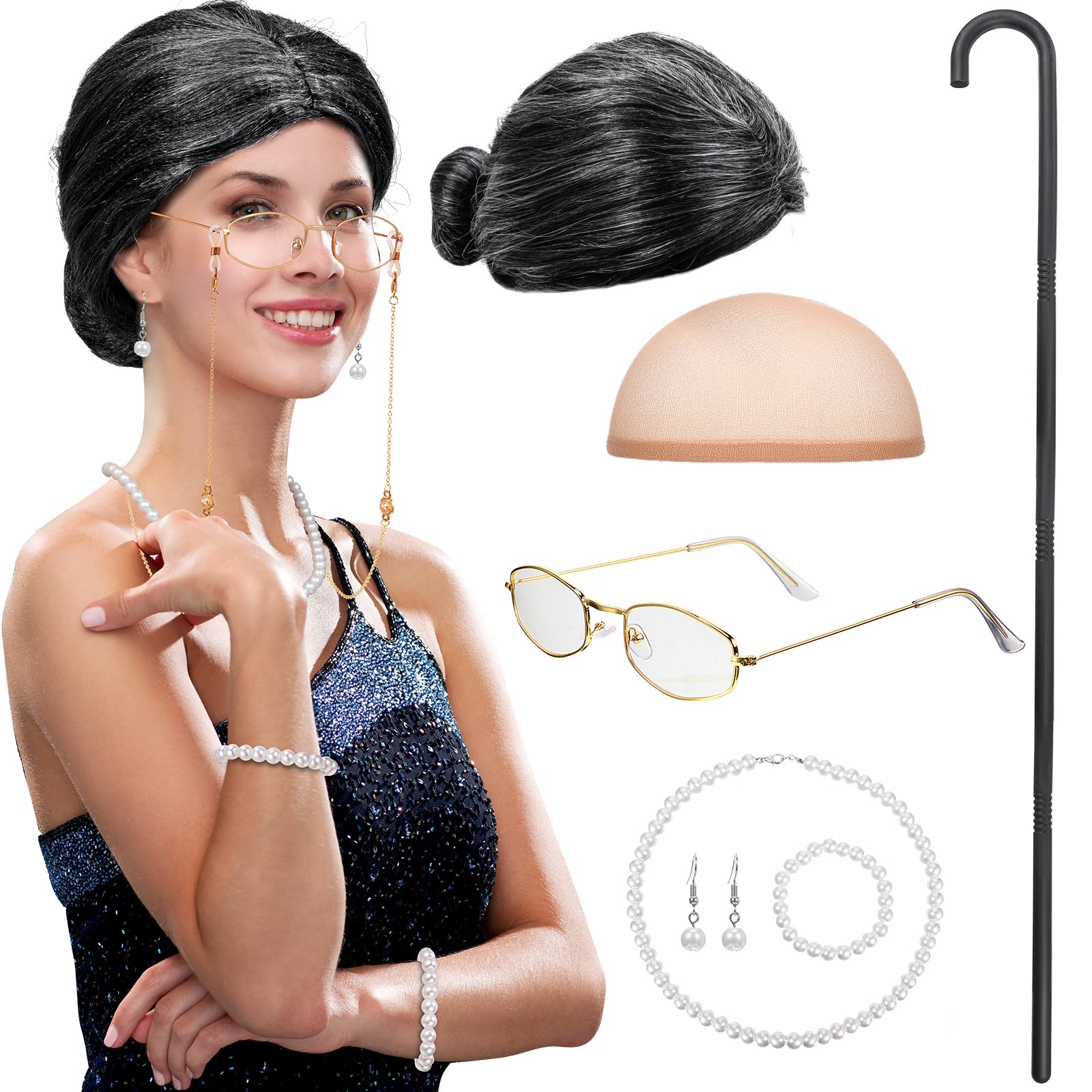 BBTO Old Lady Cosplay Set Grandma Gray Wig for Women Walking Cane Glasses Chain Cords Faux Pearl Bead Necklace(Black-Gray Bun Wi